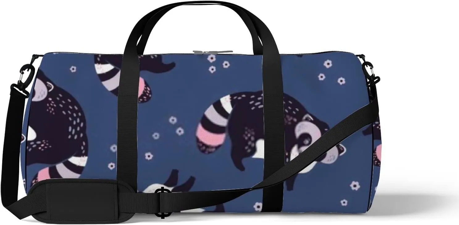 Sports Gym Bag for Women and Men Waterproof Hand Drawn Cute Raccoons Blue Duffel Bag Lightweight Carryon Traveling Boarding Gripsack