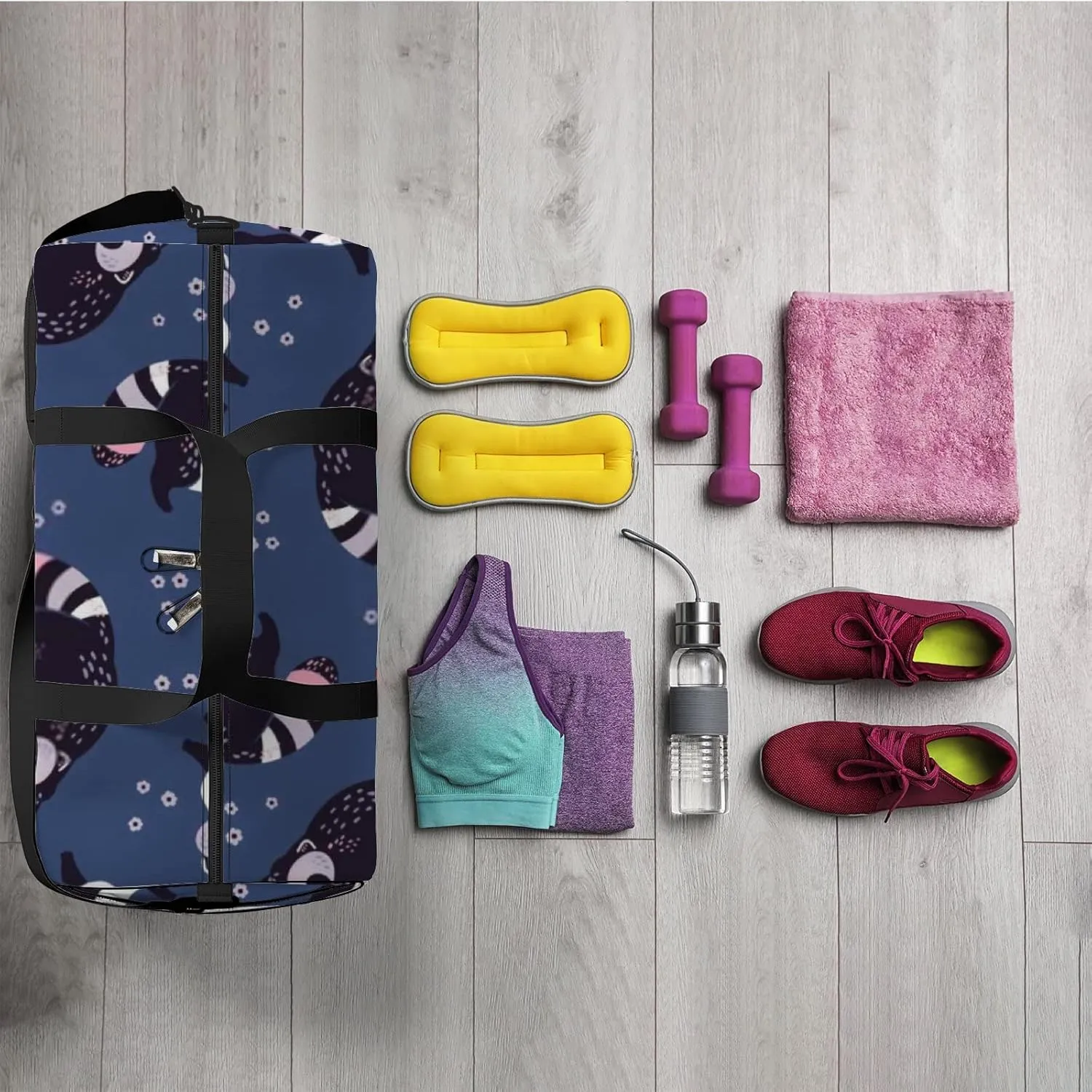 Sports Gym Bag for Women and Men Waterproof Hand Drawn Cute Raccoons Blue Duffel Bag Lightweight Carryon Traveling Boarding Gripsack