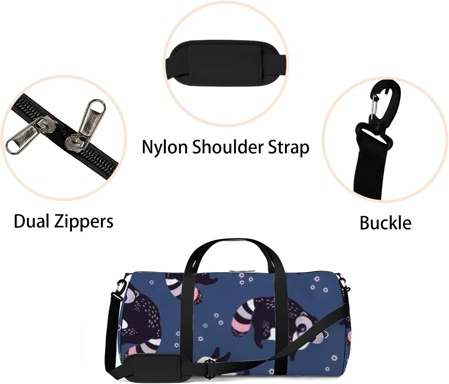 Sports Gym Bag for Women and Men Waterproof Hand Drawn Cute Raccoons Blue Duffel Bag Lightweight Carryon Traveling Boarding Gripsack