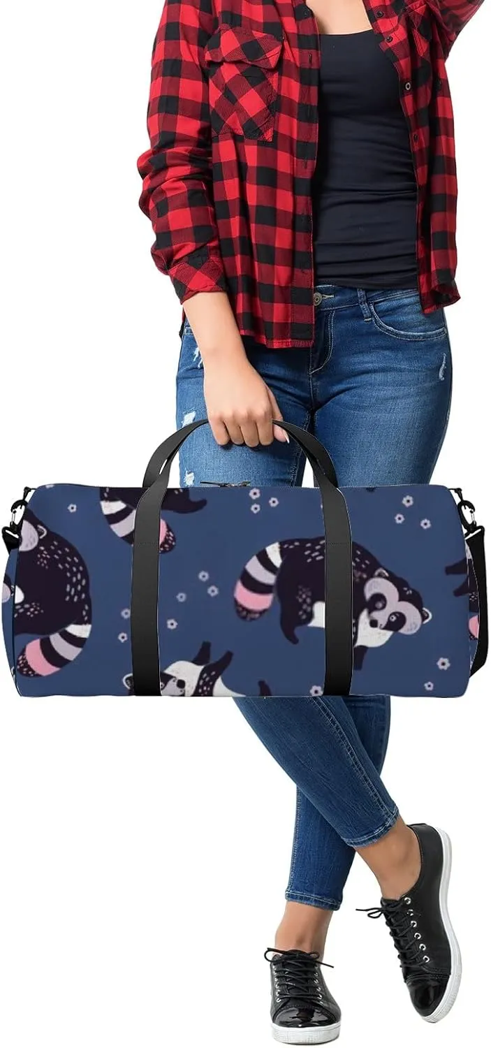Sports Gym Bag for Women and Men Waterproof Hand Drawn Cute Raccoons Blue Duffel Bag Lightweight Carryon Traveling Boarding Gripsack