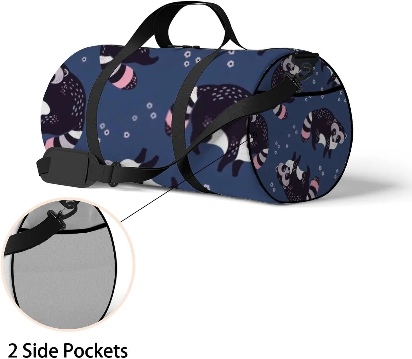 Sports Gym Bag for Women and Men Waterproof Hand Drawn Cute Raccoons Blue Duffel Bag Lightweight Carryon Traveling Boarding Gripsack