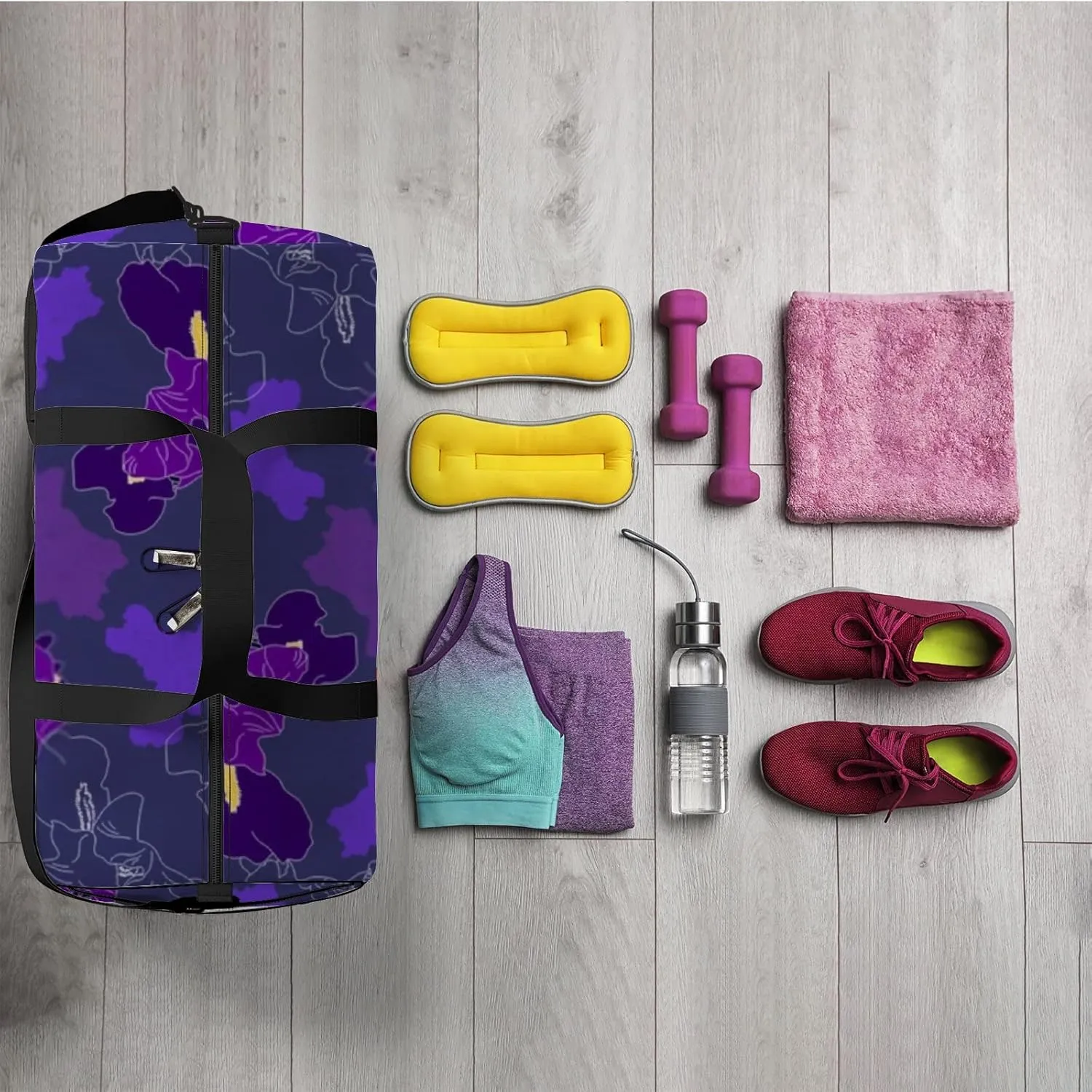 Sports Gym Bag for Women and Men Waterproof Hand Drawn Flowers Pattern Purple Duffel Bag Lightweight Carryon Traveling Boarding Gripsack
