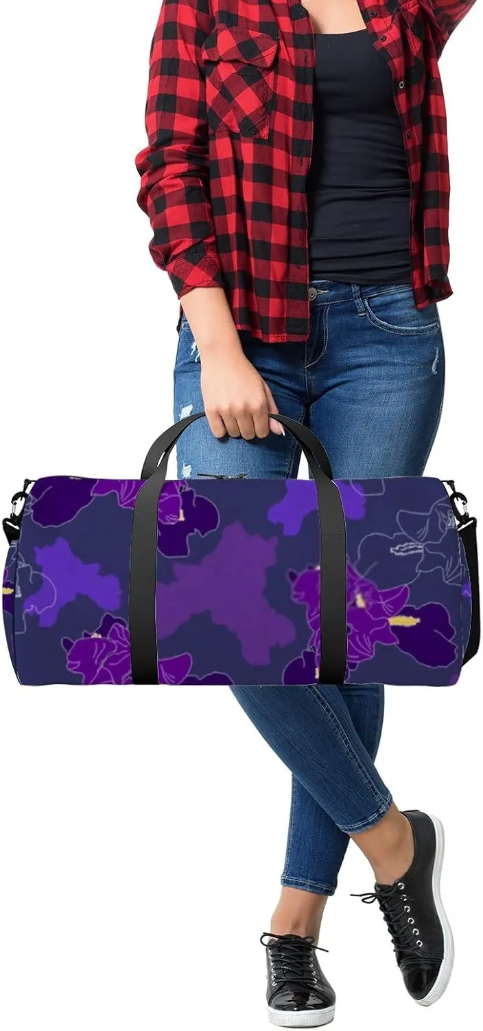 Sports Gym Bag for Women and Men Waterproof Hand Drawn Flowers Pattern Purple Duffel Bag Lightweight Carryon Traveling Boarding Gripsack