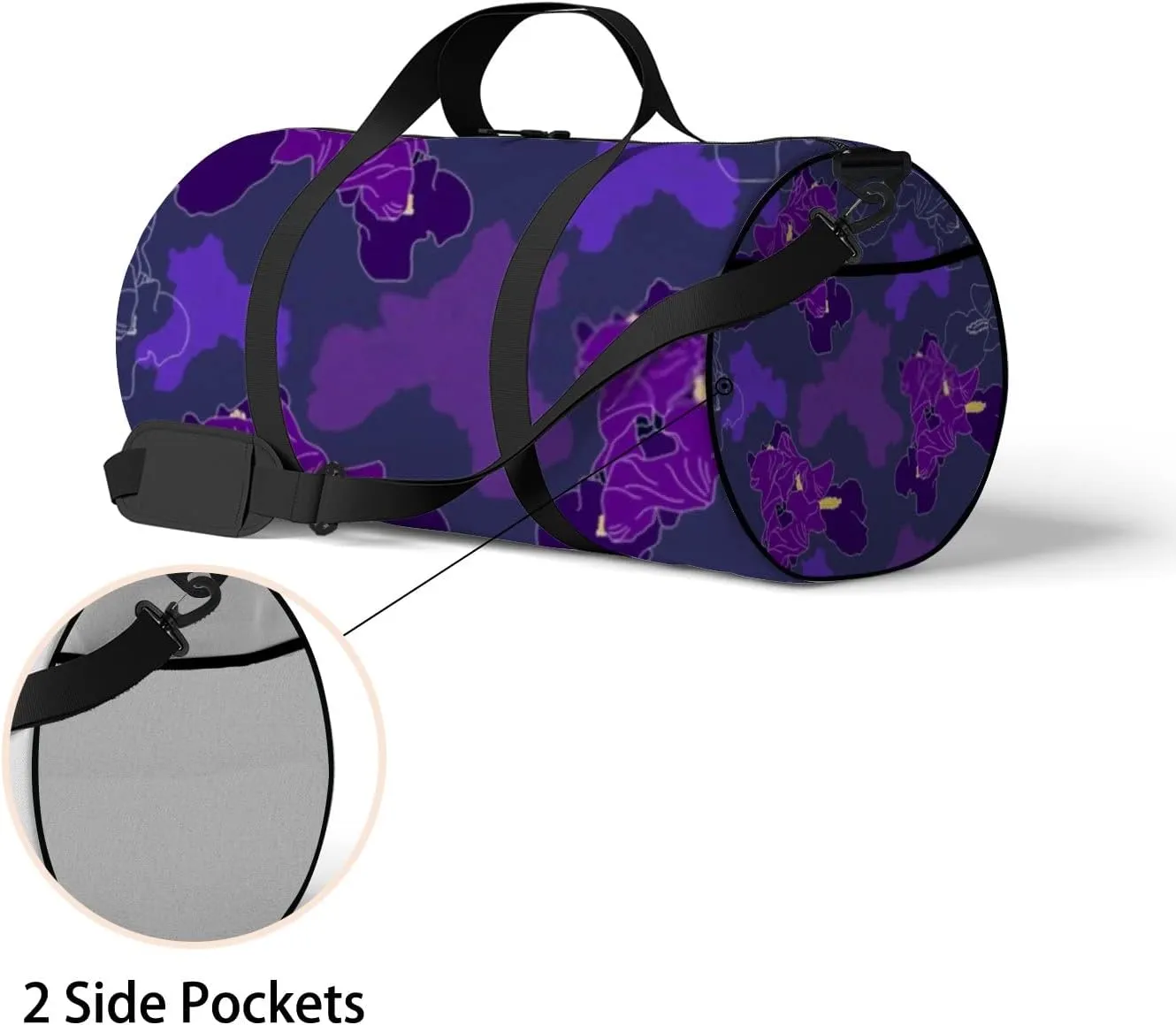 Sports Gym Bag for Women and Men Waterproof Hand Drawn Flowers Pattern Purple Duffel Bag Lightweight Carryon Traveling Boarding Gripsack