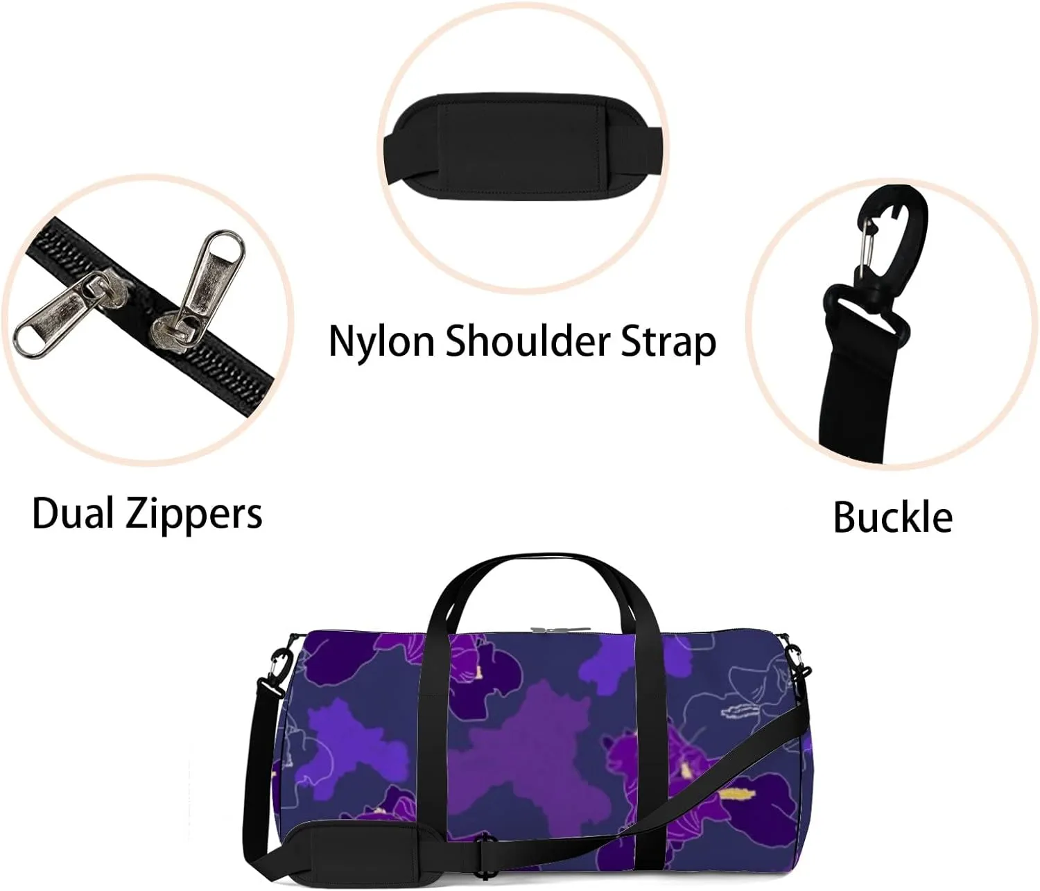 Sports Gym Bag for Women and Men Waterproof Hand Drawn Flowers Pattern Purple Duffel Bag Lightweight Carryon Traveling Boarding Gripsack