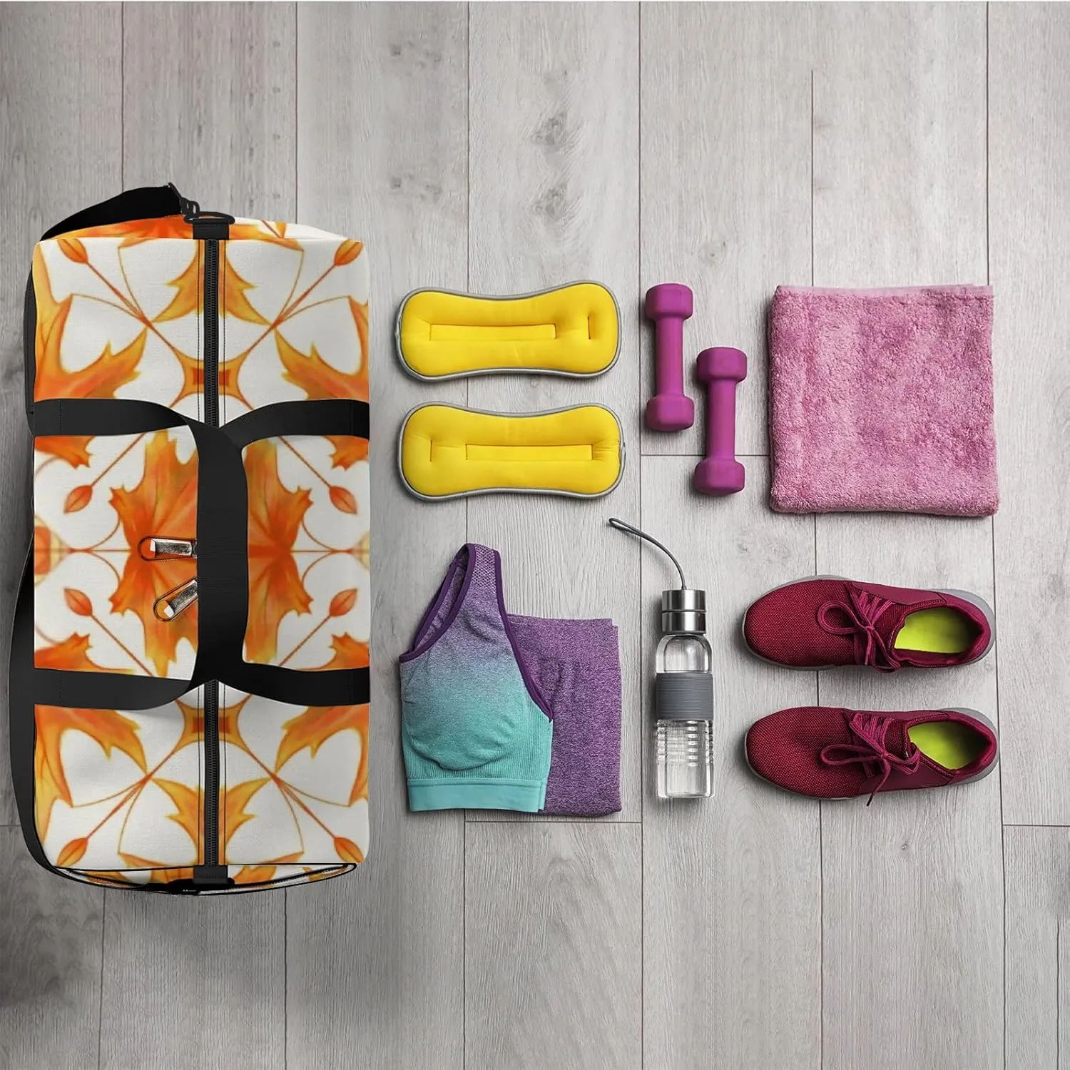 Sports Gym Bag for Women and Men Waterproof Hand Drawn Maple Leaf Pattern Duffel Bag Lightweight Carryon Traveling Boarding Gripsack