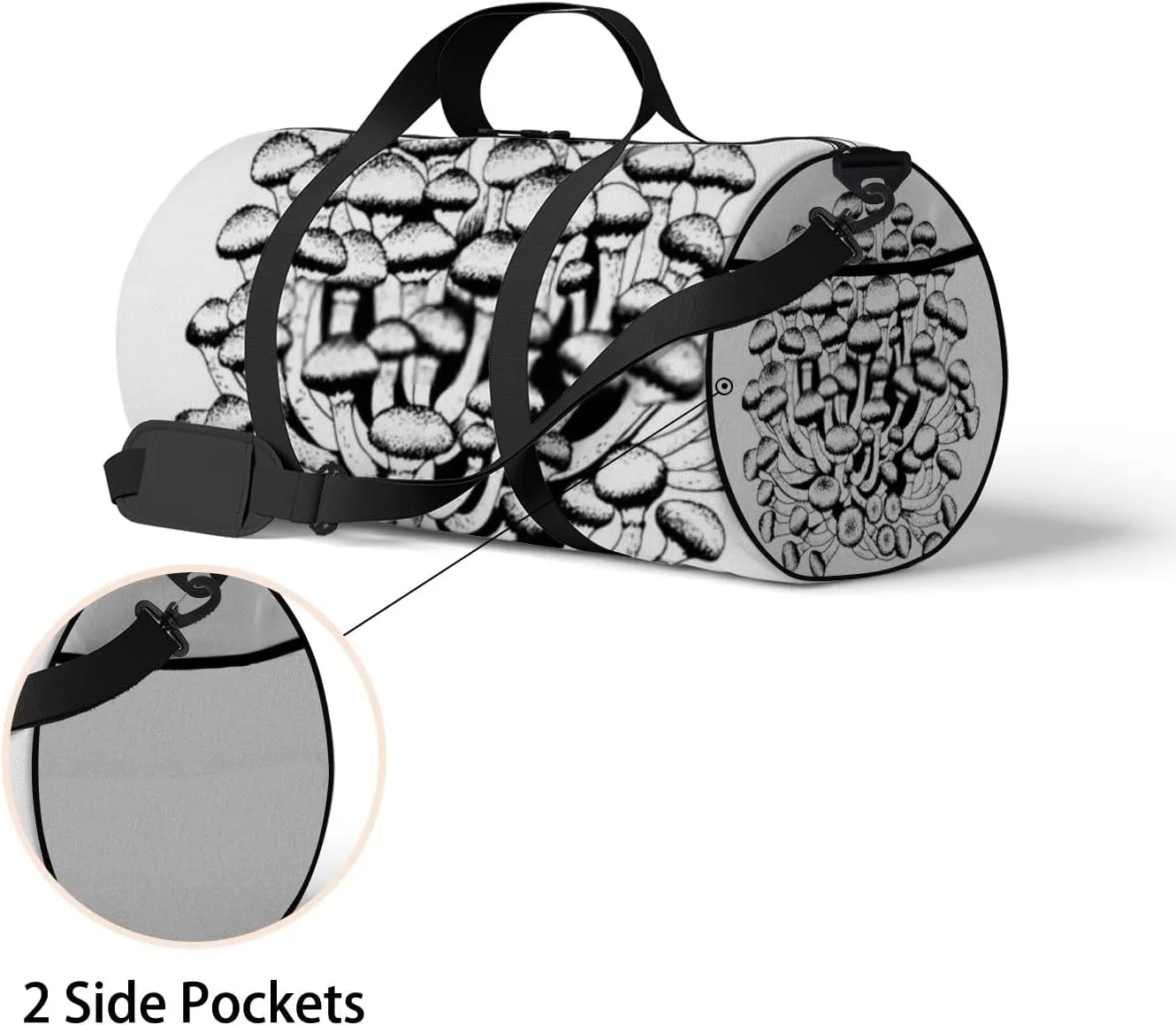 Sports Gym Bag for Women and Men Waterproof Hand Drawn Mushrooms Black and White Duffel Bag Lightweight Carryon Traveling Boarding Gripsack