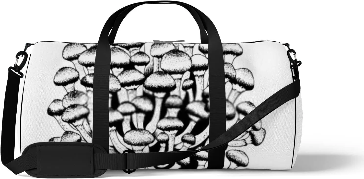 Sports Gym Bag for Women and Men Waterproof Hand Drawn Mushrooms Black and White Duffel Bag Lightweight Carryon Traveling Boarding Gripsack