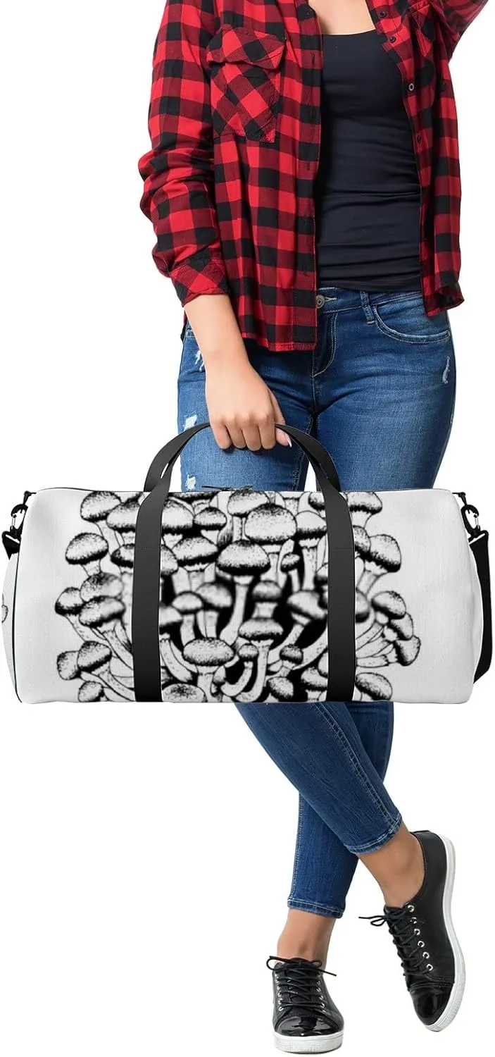 Sports Gym Bag for Women and Men Waterproof Hand Drawn Mushrooms Black and White Duffel Bag Lightweight Carryon Traveling Boarding Gripsack