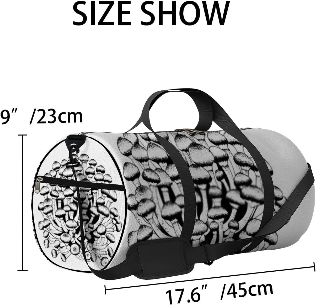 Sports Gym Bag for Women and Men Waterproof Hand Drawn Mushrooms Black and White Duffel Bag Lightweight Carryon Traveling Boarding Gripsack