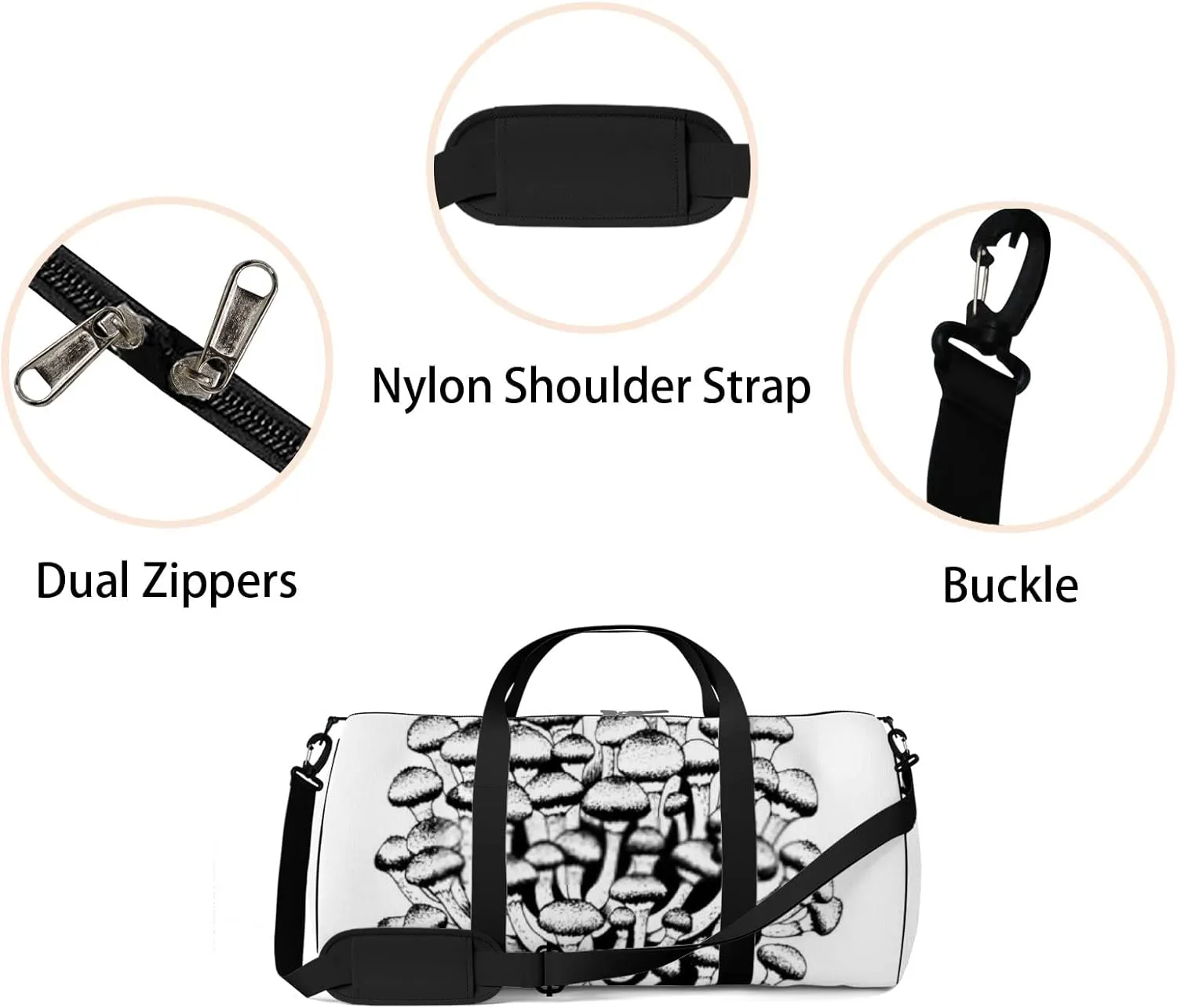 Sports Gym Bag for Women and Men Waterproof Hand Drawn Mushrooms Black and White Duffel Bag Lightweight Carryon Traveling Boarding Gripsack