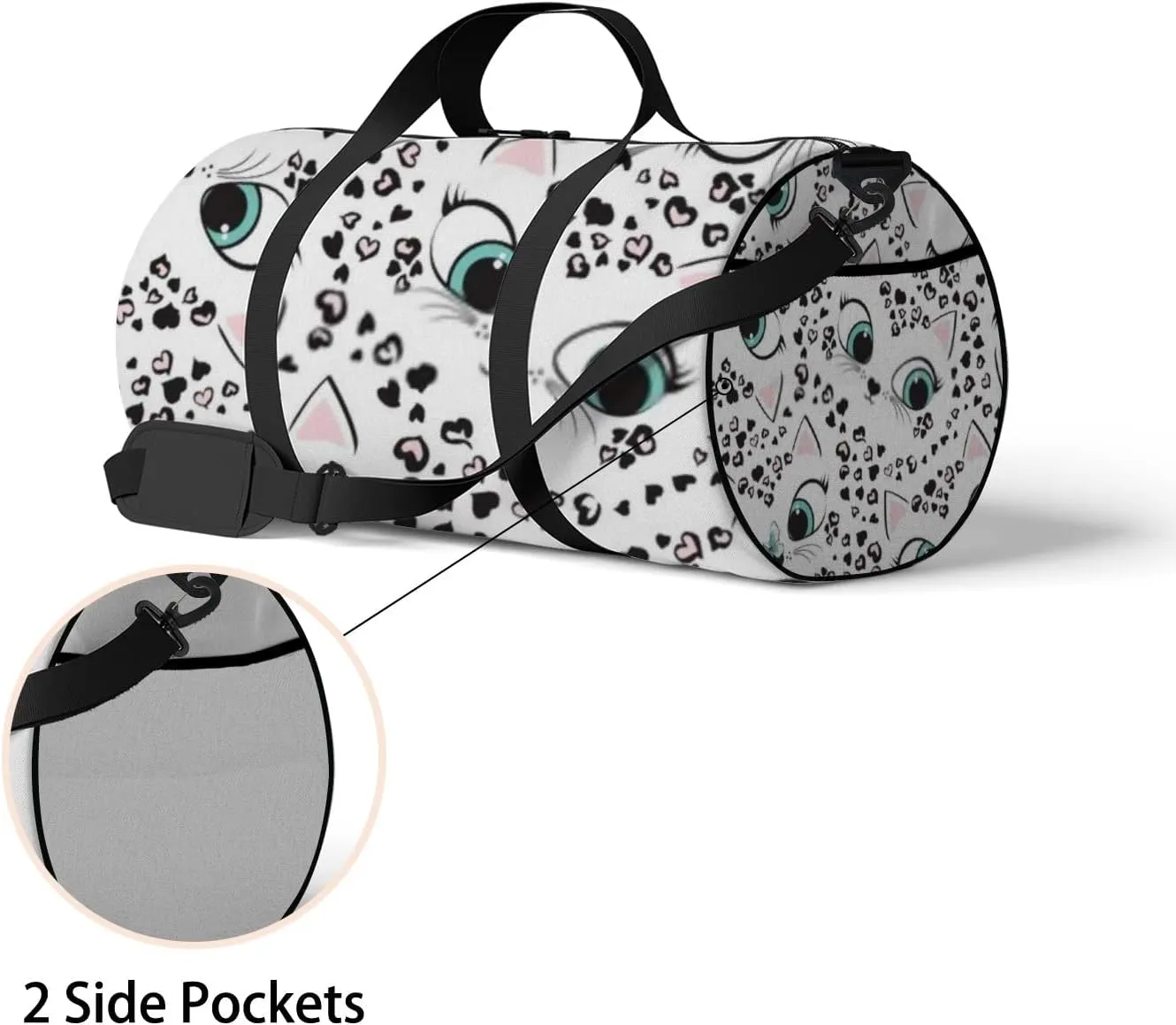Sports Gym Bag for Women and Men Waterproof Leopard Hearts Kitten Cute Faces White Duffel Bag Lightweight Carryon Traveling Boarding Gripsack