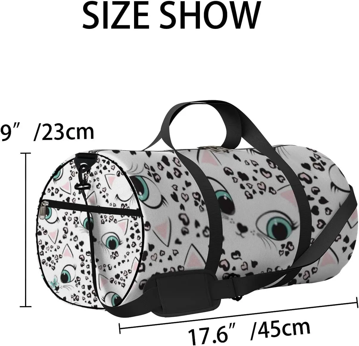 Sports Gym Bag for Women and Men Waterproof Leopard Hearts Kitten Cute Faces White Duffel Bag Lightweight Carryon Traveling Boarding Gripsack