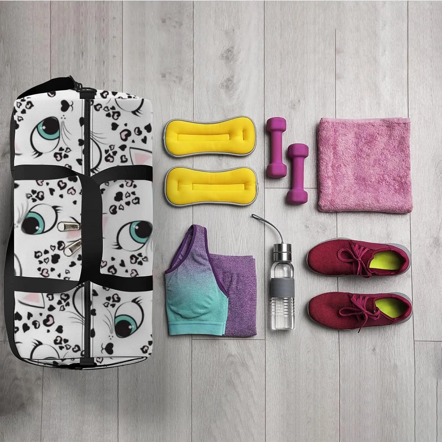 Sports Gym Bag for Women and Men Waterproof Leopard Hearts Kitten Cute Faces White Duffel Bag Lightweight Carryon Traveling Boarding Gripsack