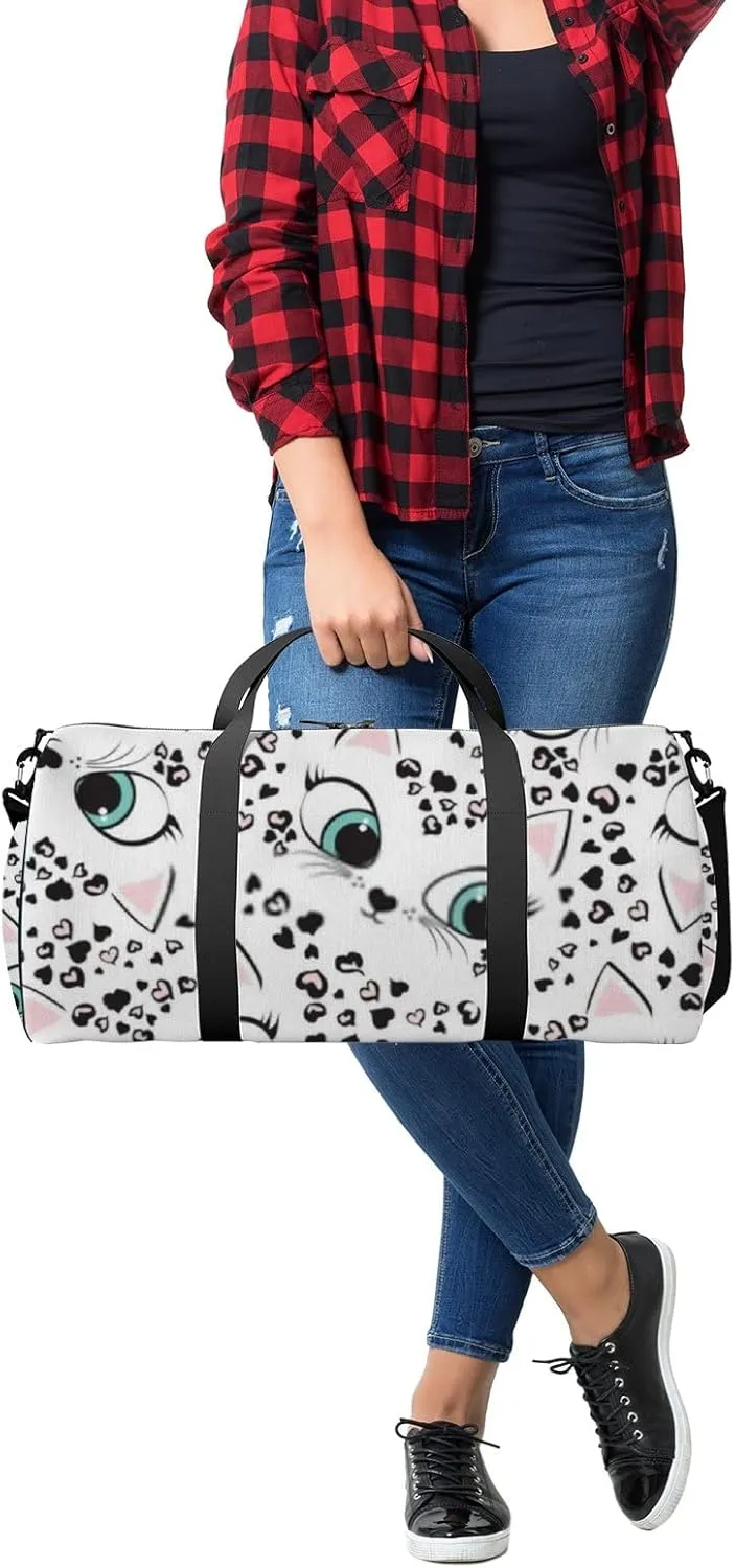Sports Gym Bag for Women and Men Waterproof Leopard Hearts Kitten Cute Faces White Duffel Bag Lightweight Carryon Traveling Boarding Gripsack