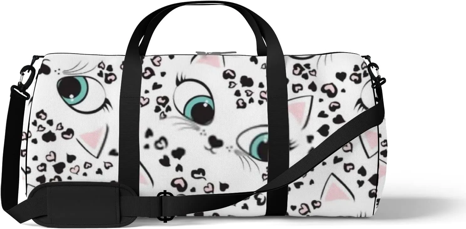 Sports Gym Bag for Women and Men Waterproof Leopard Hearts Kitten Cute Faces White Duffel Bag Lightweight Carryon Traveling Boarding Gripsack