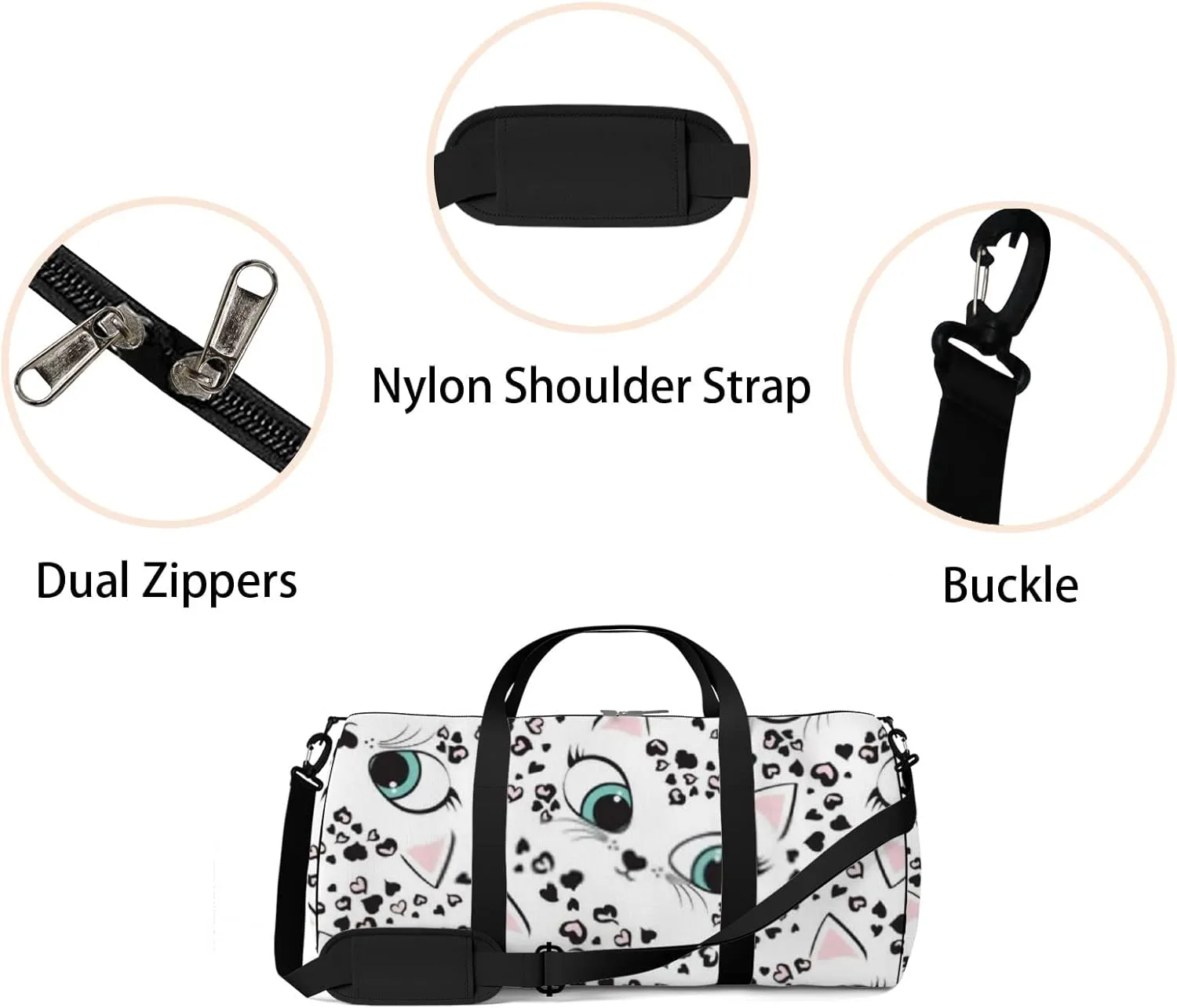Sports Gym Bag for Women and Men Waterproof Leopard Hearts Kitten Cute Faces White Duffel Bag Lightweight Carryon Traveling Boarding Gripsack