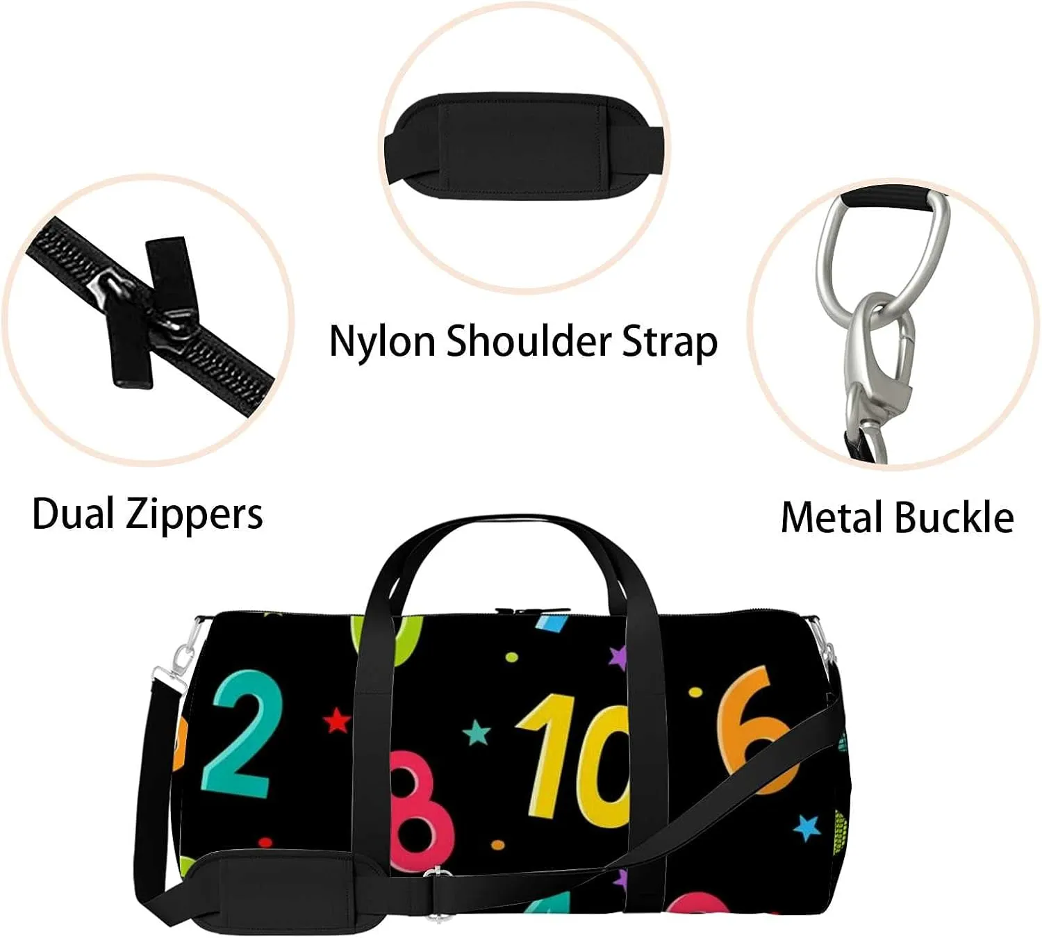 Sports Gym Bag for Women and Men Waterproof Number Cartoon Pattern Stars Duffel Bag Lightweight Carryon Traveling Boarding Gripsack