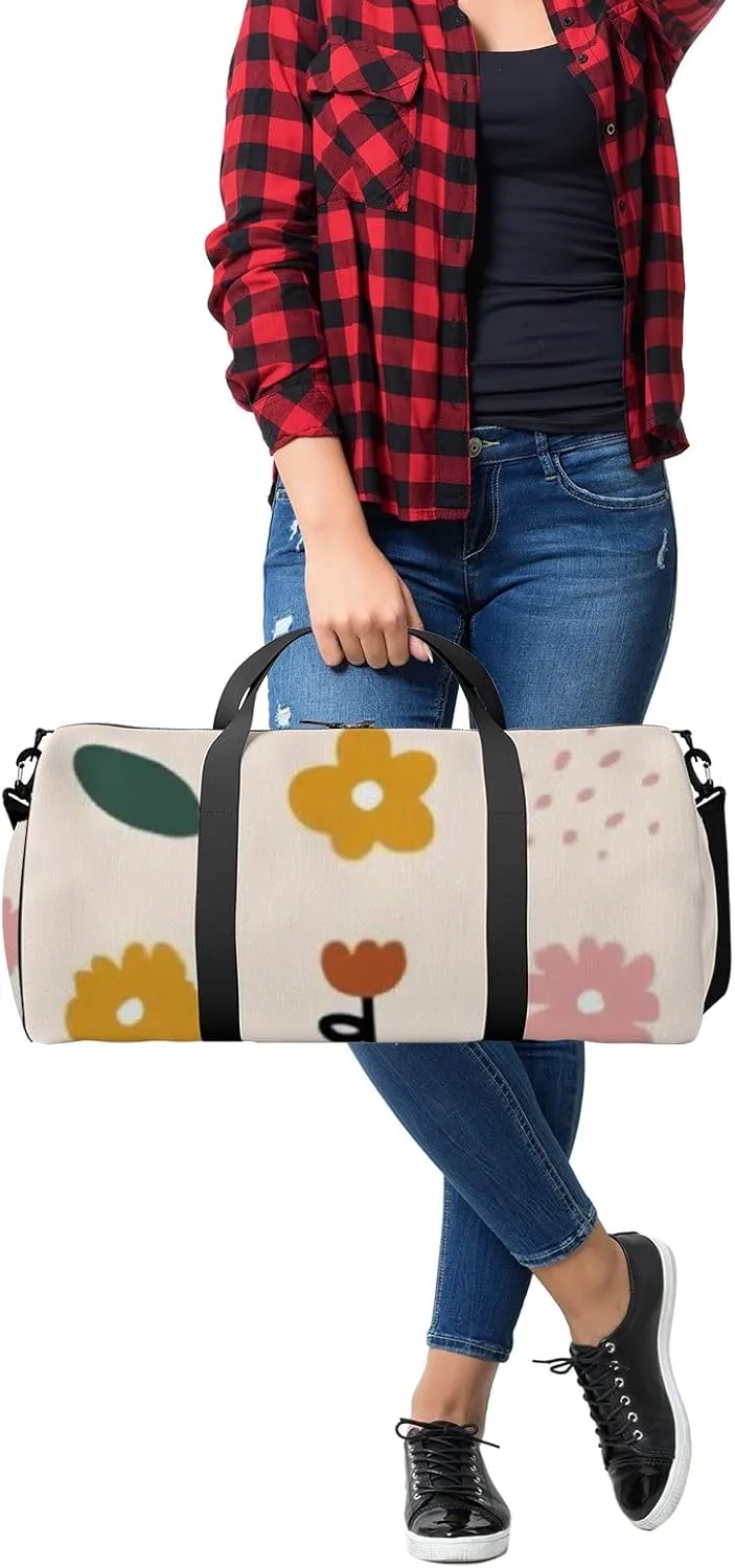 Sports Gym Bag for Women and Men Waterproof Simple Abstract Doodle Flowers Leaves Duffel Bag Lightweight Carryon Traveling Boarding Gripsack