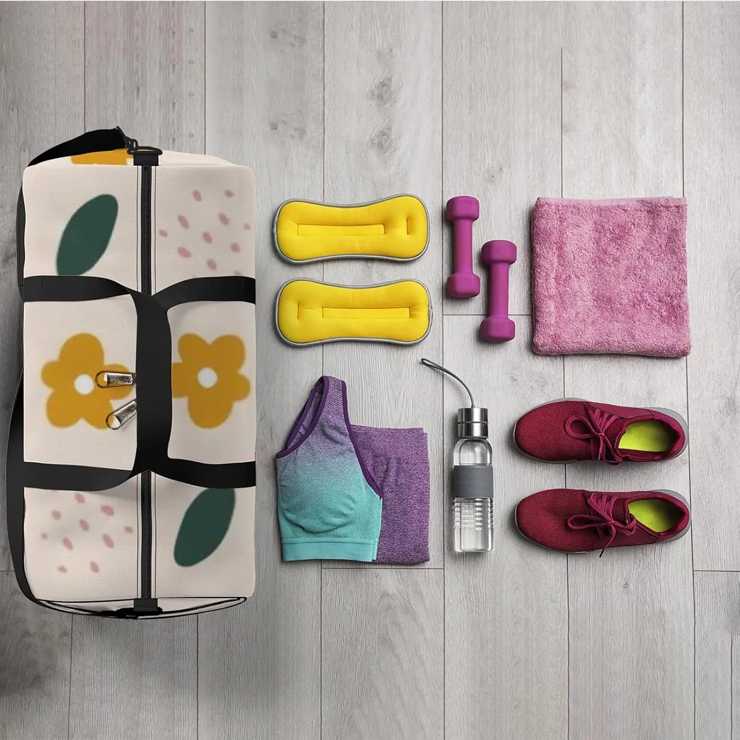 Sports Gym Bag for Women and Men Waterproof Simple Abstract Doodle Flowers Leaves Duffel Bag Lightweight Carryon Traveling Boarding Gripsack