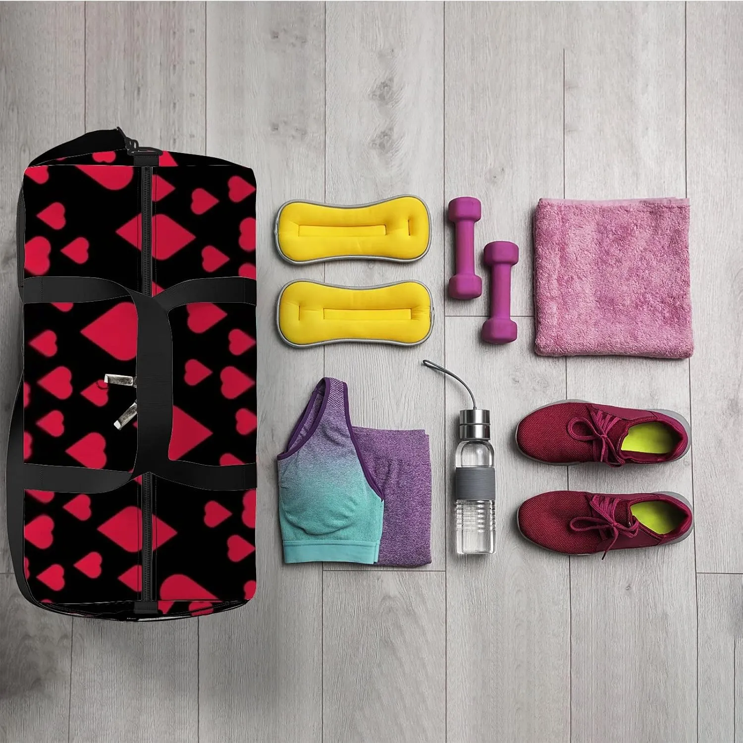 Sports Gym Bag for Women and Men Waterproof Simple Hearts Pattern Red Duffel Bag Lightweight Carryon Traveling Boarding Gripsack