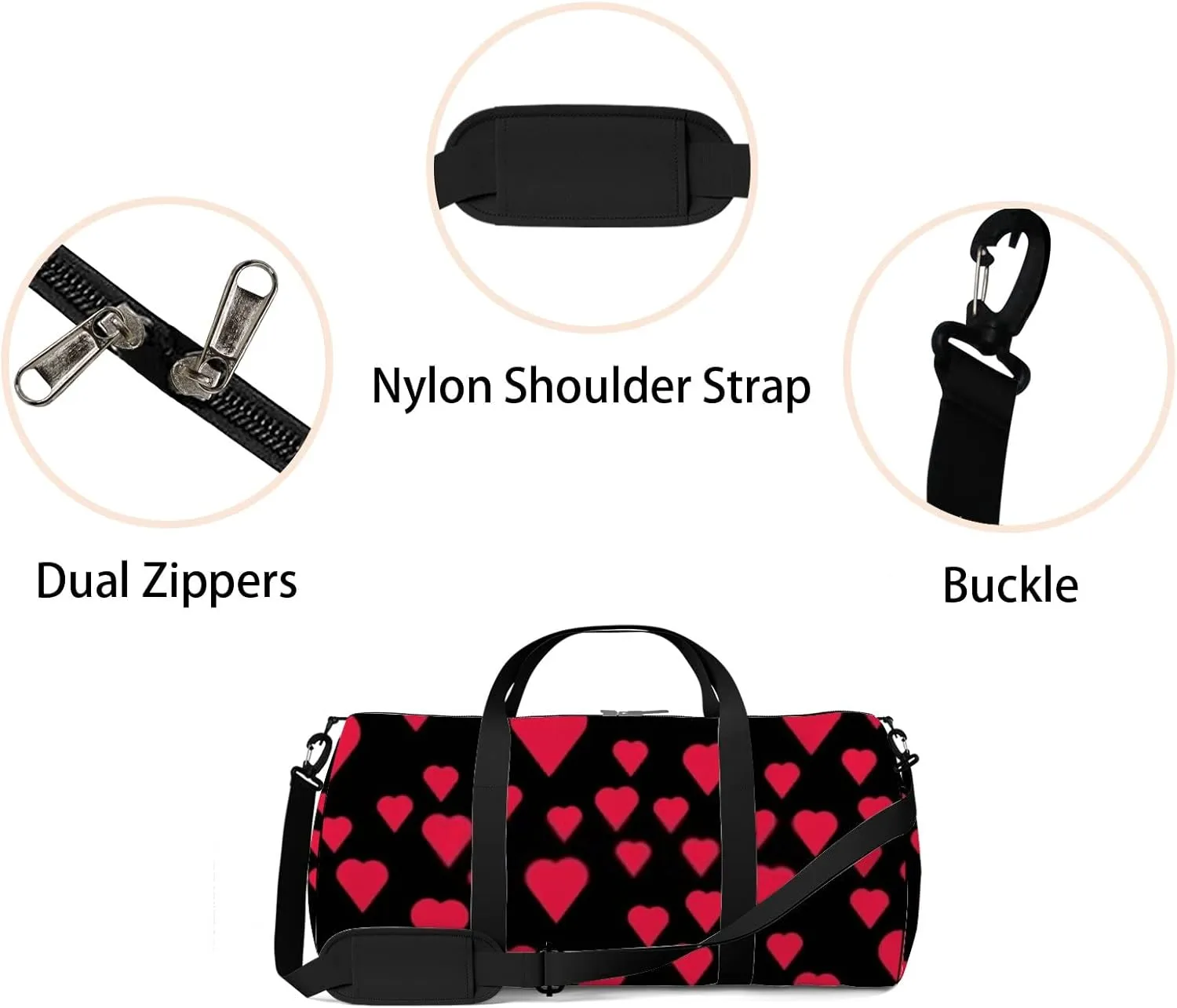 Sports Gym Bag for Women and Men Waterproof Simple Hearts Pattern Red Duffel Bag Lightweight Carryon Traveling Boarding Gripsack