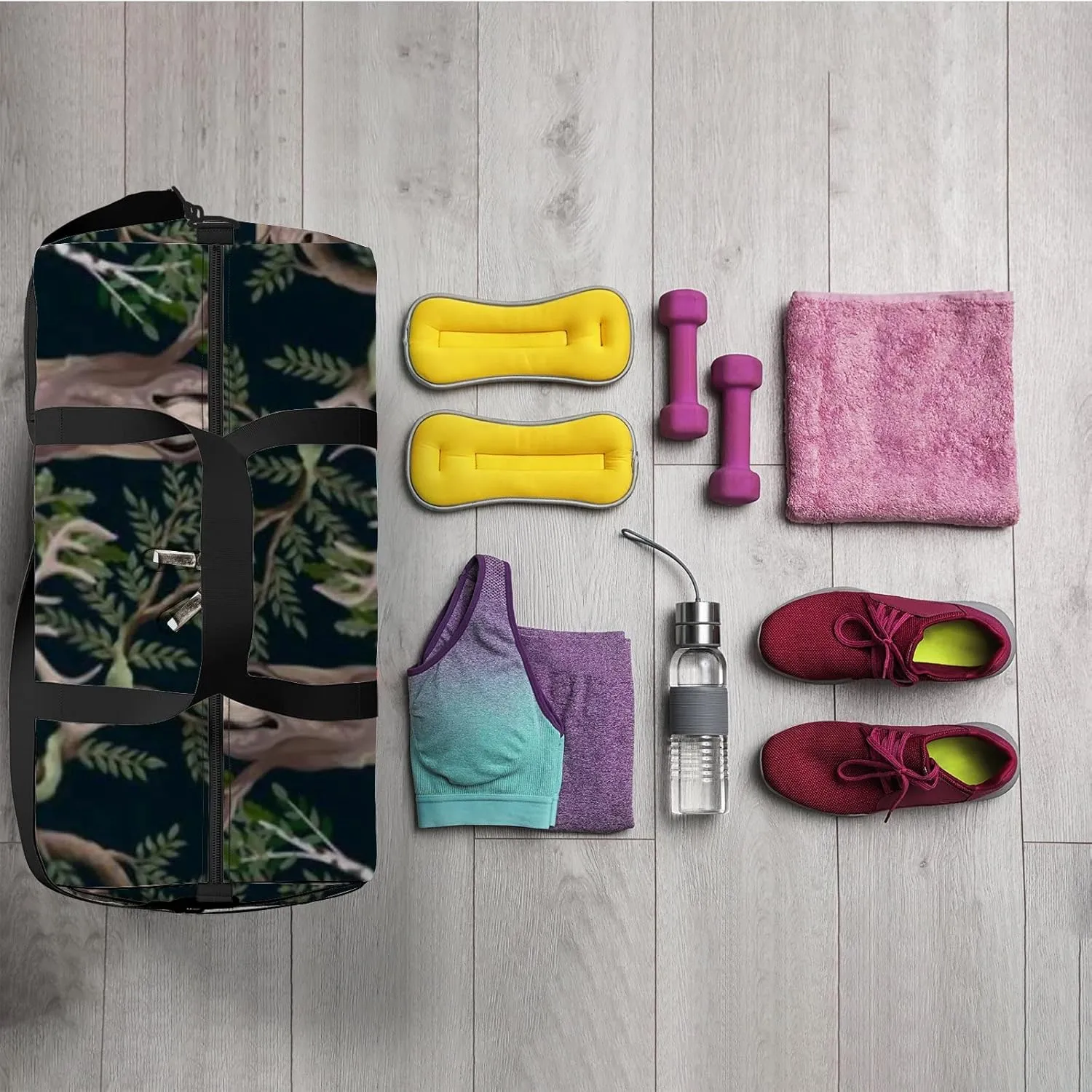 Sports Gym Bag for Women and Men Waterproof Trees Forest Animals Green Duffel Bag Lightweight Carryon Traveling Boarding Gripsack