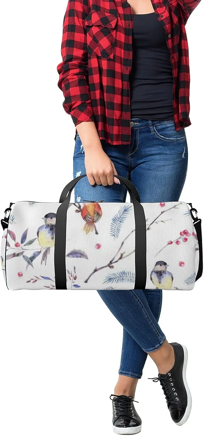 Sports Gym Bag for Women and Men Waterproof Watercolor Branches Leaves Birds White Duffel Bag Lightweight Carryon Traveling Boarding Gripsack