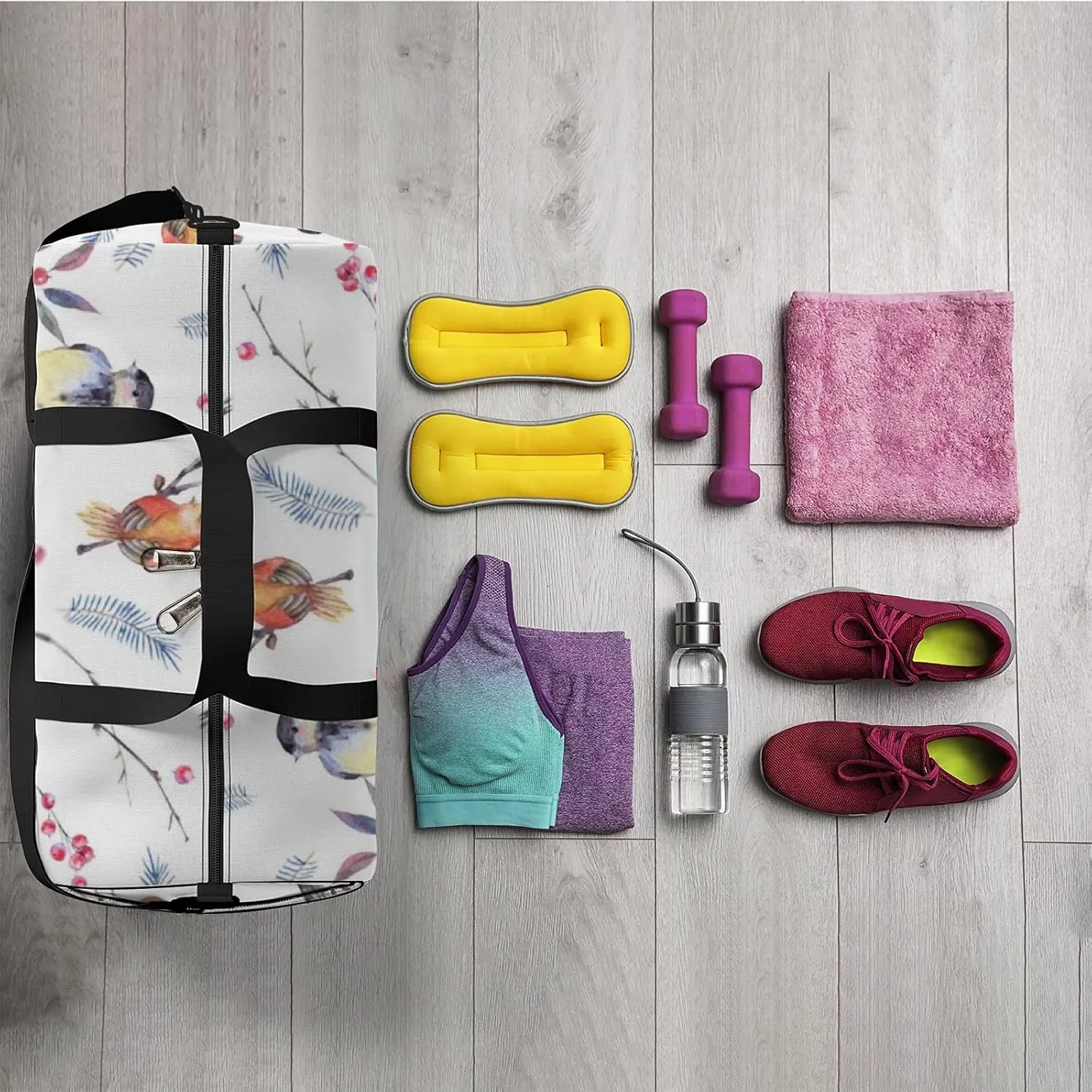 Sports Gym Bag for Women and Men Waterproof Watercolor Branches Leaves Birds White Duffel Bag Lightweight Carryon Traveling Boarding Gripsack