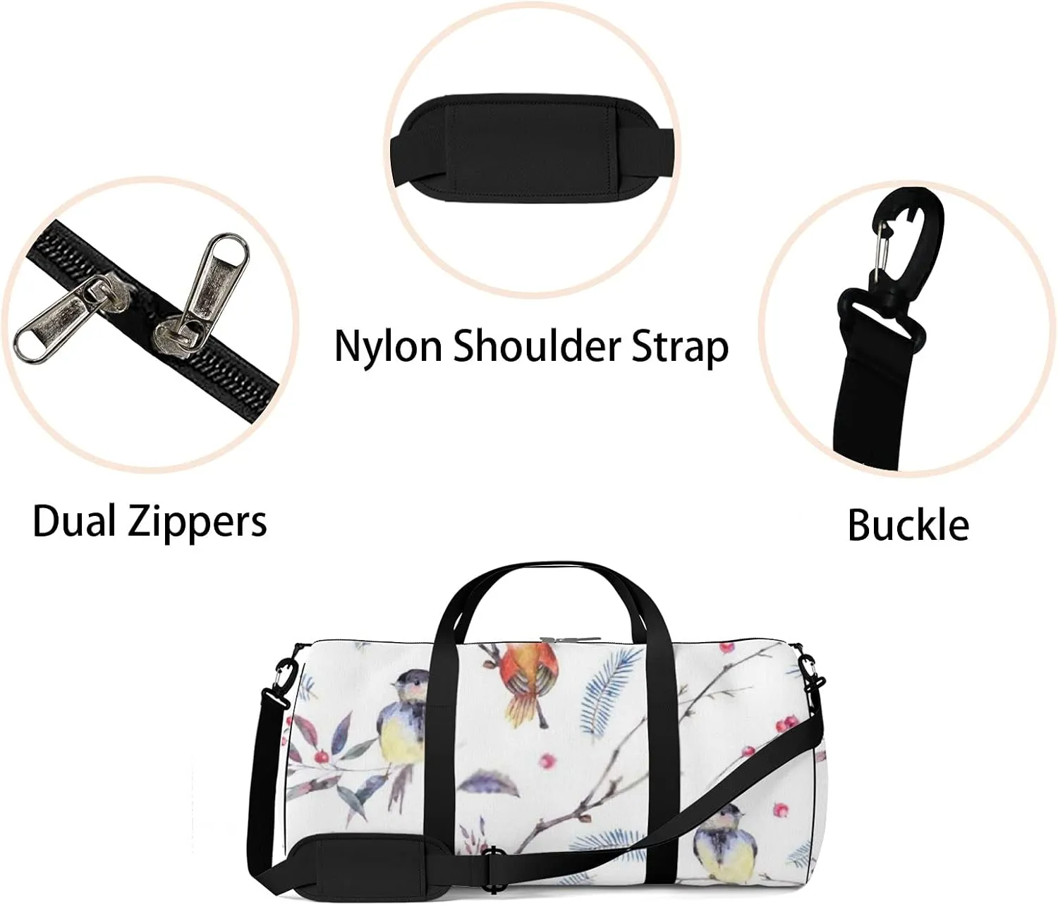 Sports Gym Bag for Women and Men Waterproof Watercolor Branches Leaves Birds White Duffel Bag Lightweight Carryon Traveling Boarding Gripsack