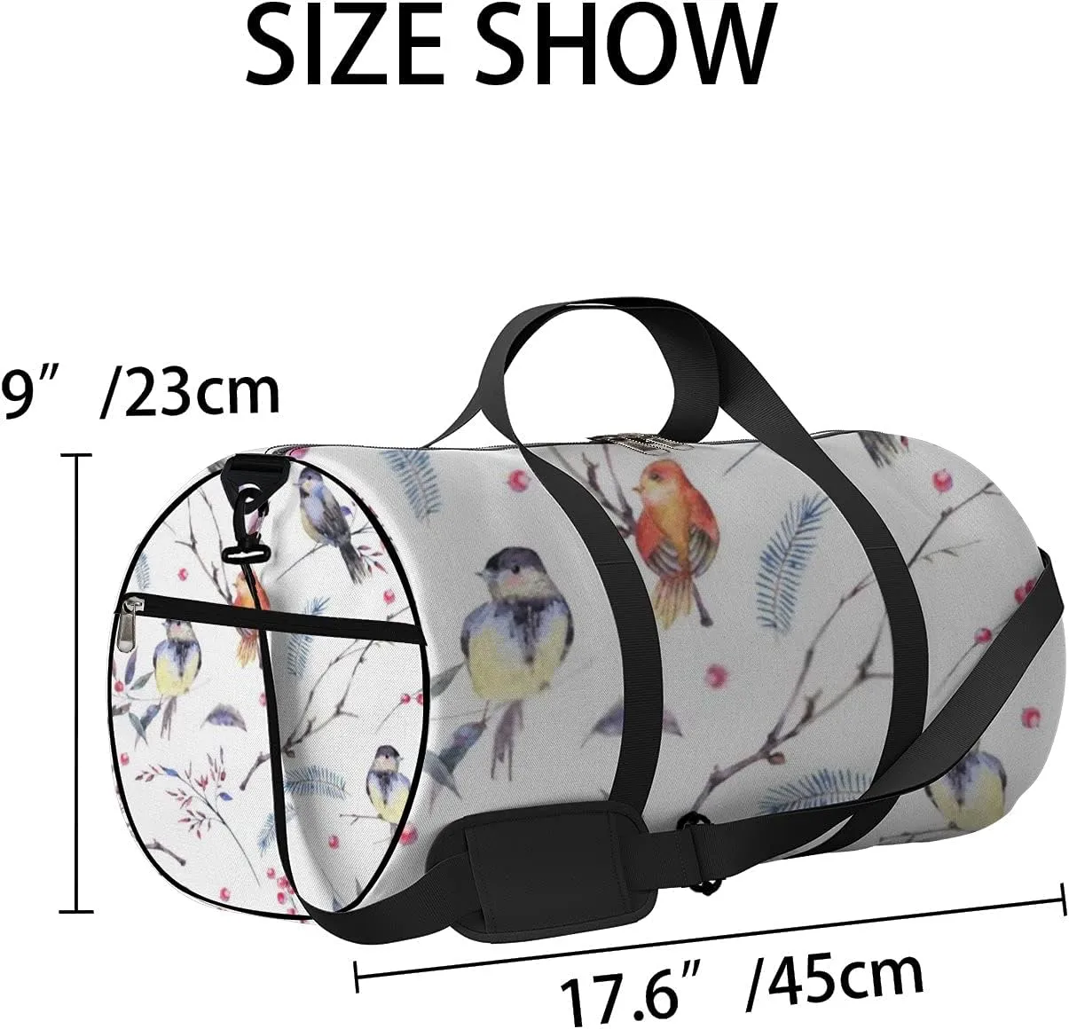 Sports Gym Bag for Women and Men Waterproof Watercolor Branches Leaves Birds White Duffel Bag Lightweight Carryon Traveling Boarding Gripsack