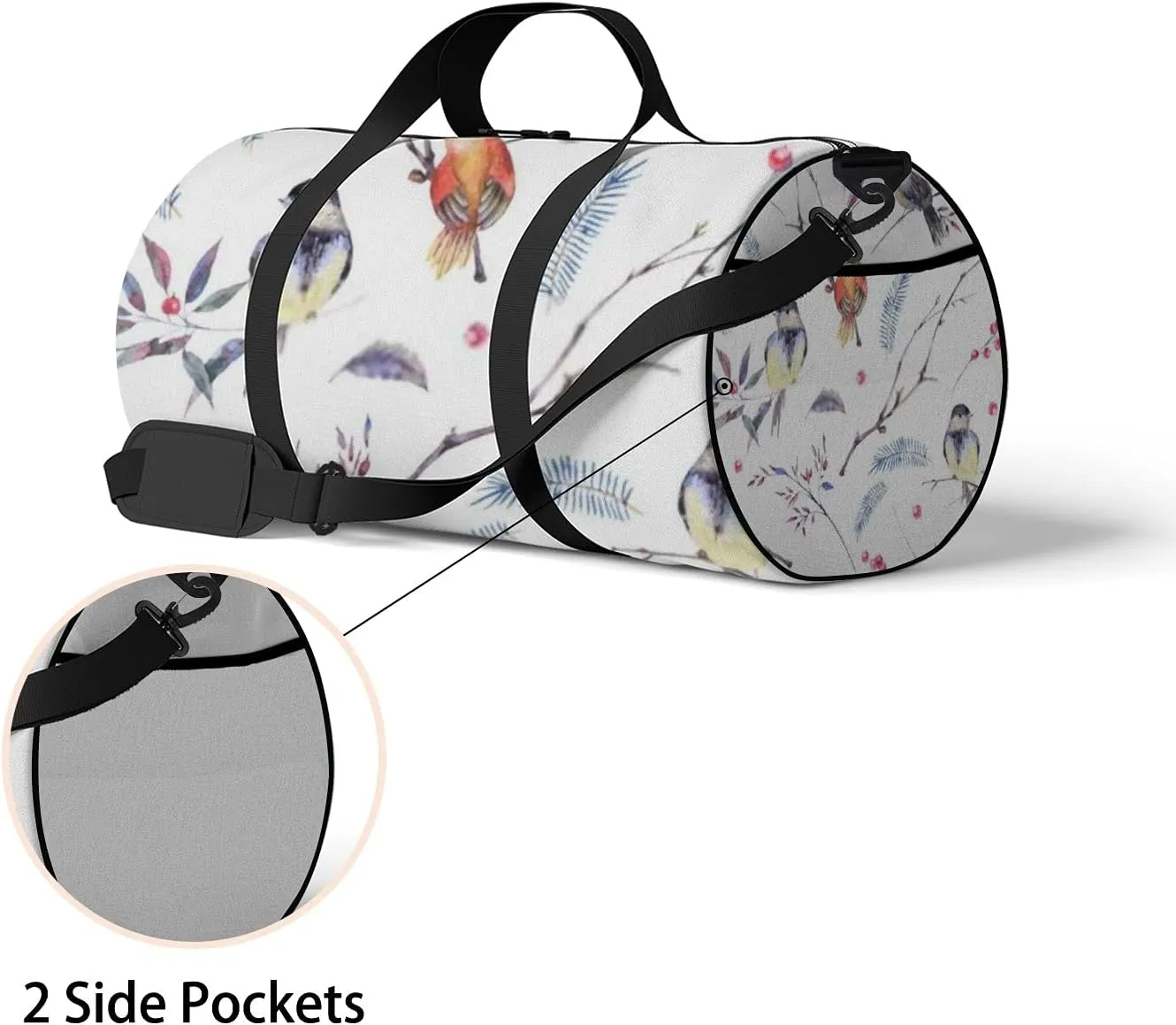 Sports Gym Bag for Women and Men Waterproof Watercolor Branches Leaves Birds White Duffel Bag Lightweight Carryon Traveling Boarding Gripsack