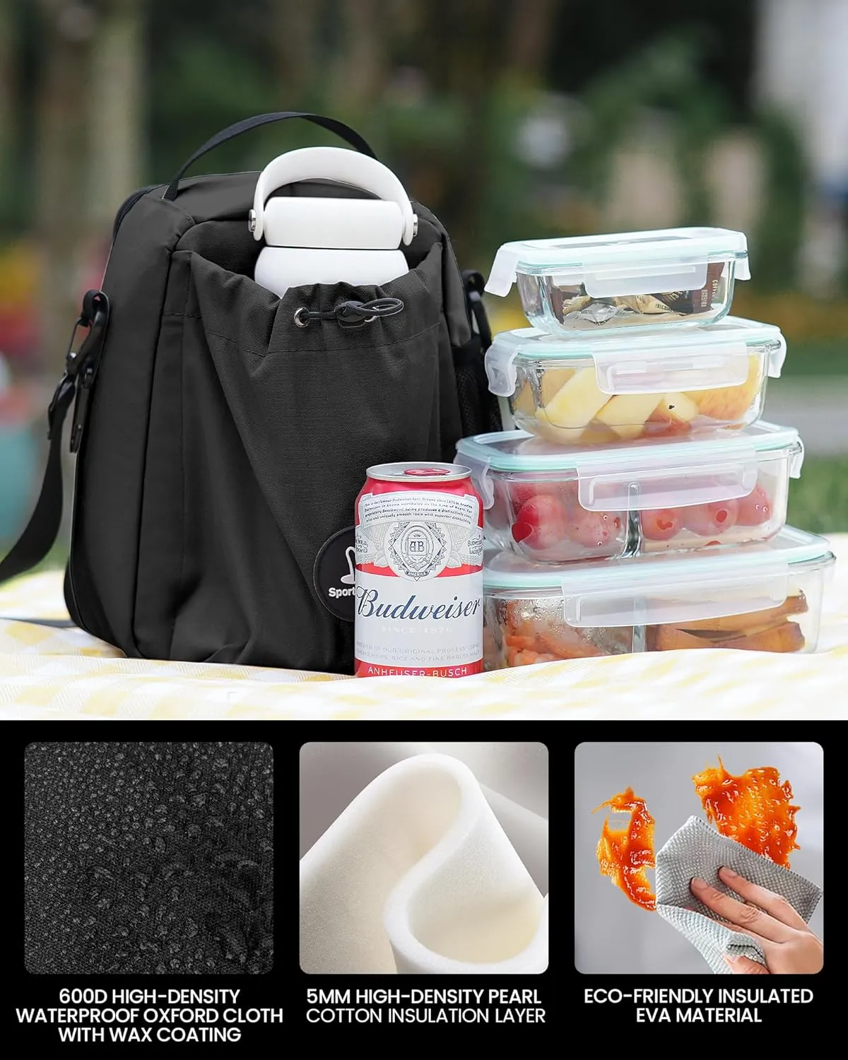 Sports Rabbit Insulated Lunch Bag for Men & Women – Compatible with 40/30OZ Stanley Cups – Leakproof Cooler Tote, Wax-Coated Oxford Fabric, Adjustable Strap – Perfect for Work, Travel, Picnics (Black)