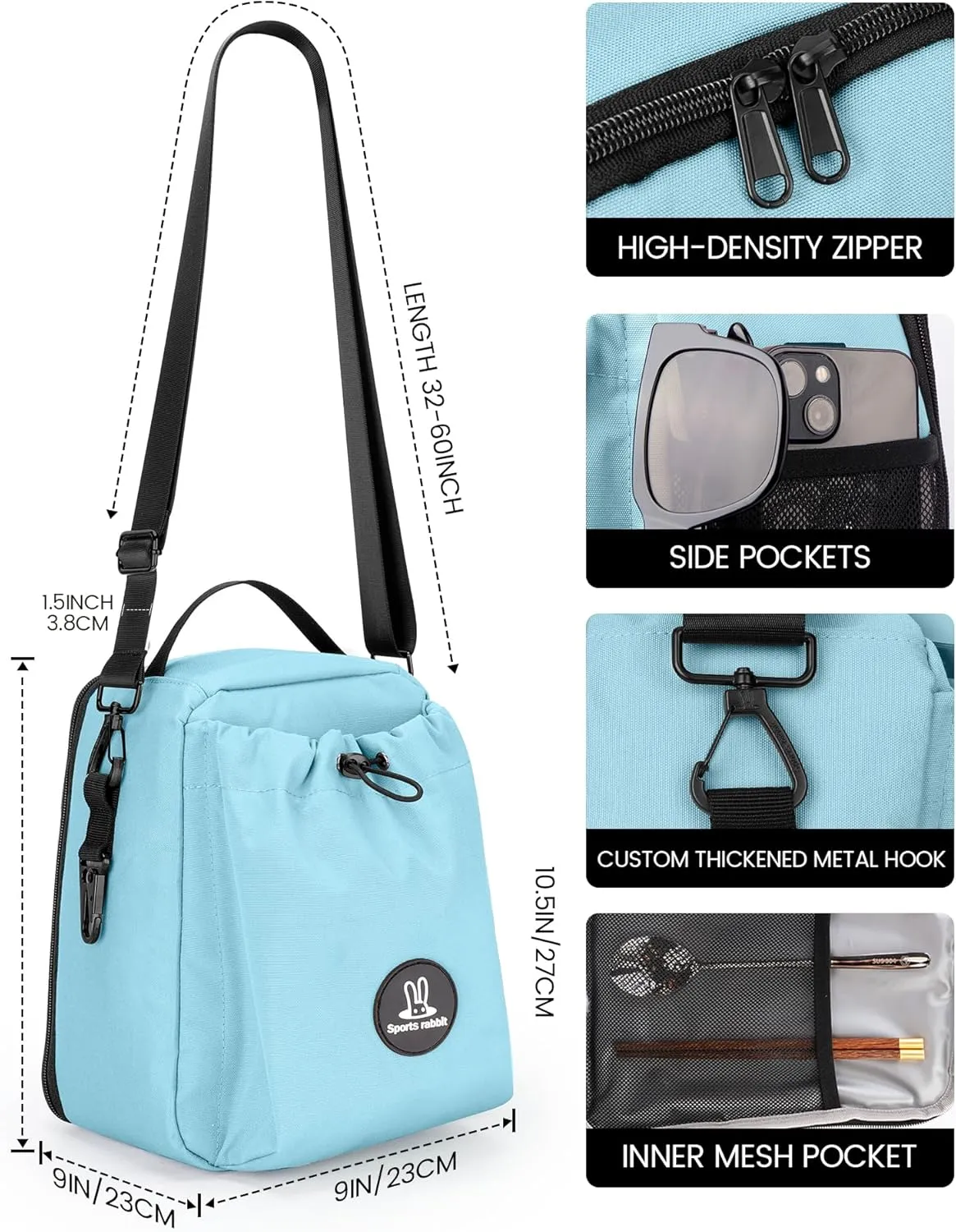 Sports rabbit Insulated Lunch Bag for Men & Women – Leakproof Cooler Tote for Containers & Water Bottles – Water-Resistant Wax-Coated Oxford Fabric – Perfect for Work, Travel, Picnics (Mint Green)