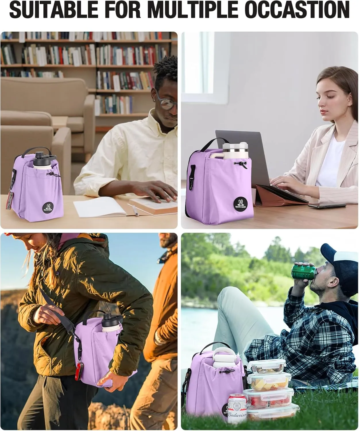 Sports Rabbit Insulated Lunch Bag for Women – Front Pocket Compatible with 40/30OZ Owala Bottles – Leakproof Cooler Tote, Water-Resistant Wax-Coated Oxford – Perfect for Work, Travel, Picnics (Purple)