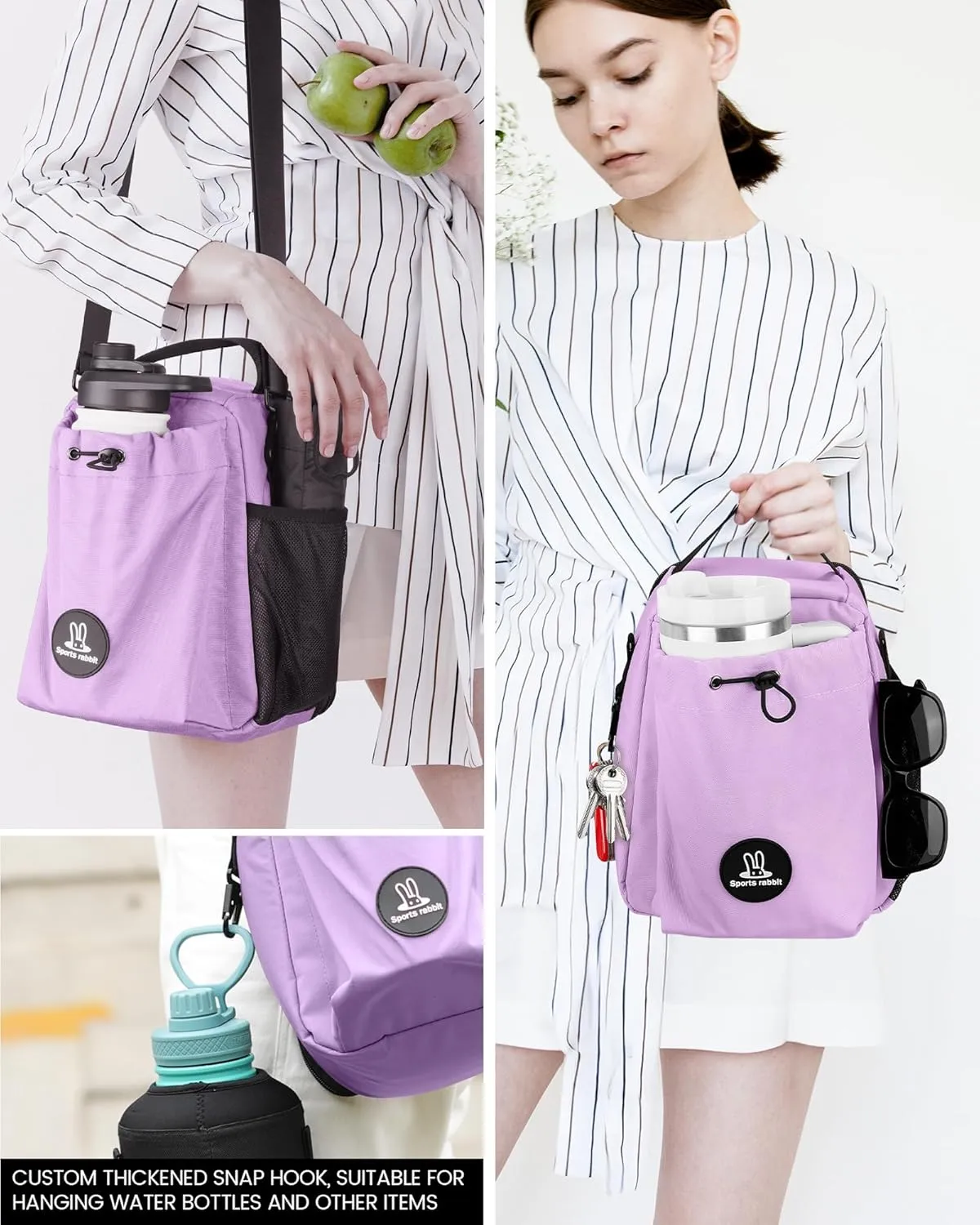Sports Rabbit Insulated Lunch Bag for Women – Front Pocket Compatible with 40/30OZ Owala Bottles – Leakproof Cooler Tote, Water-Resistant Wax-Coated Oxford – Perfect for Work, Travel, Picnics (Purple)