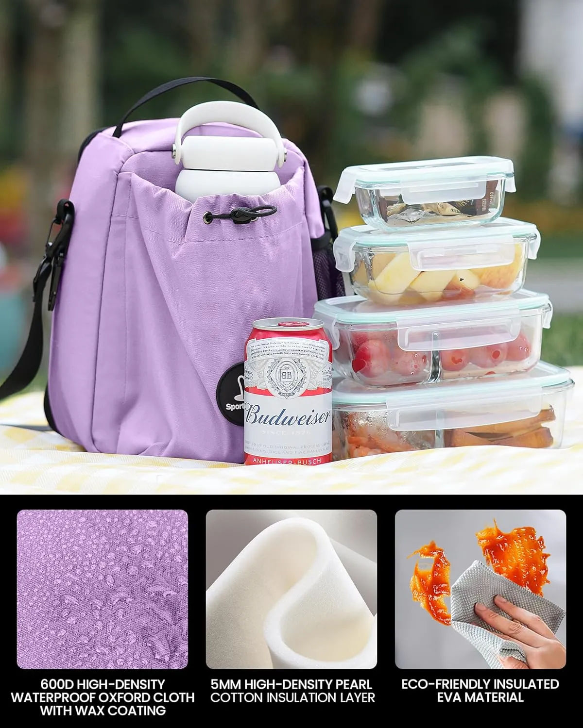 Sports Rabbit Insulated Lunch Bag for Women – Front Pocket Compatible with 40/30OZ Owala Bottles – Leakproof Cooler Tote, Water-Resistant Wax-Coated Oxford – Perfect for Work, Travel, Picnics (Purple)