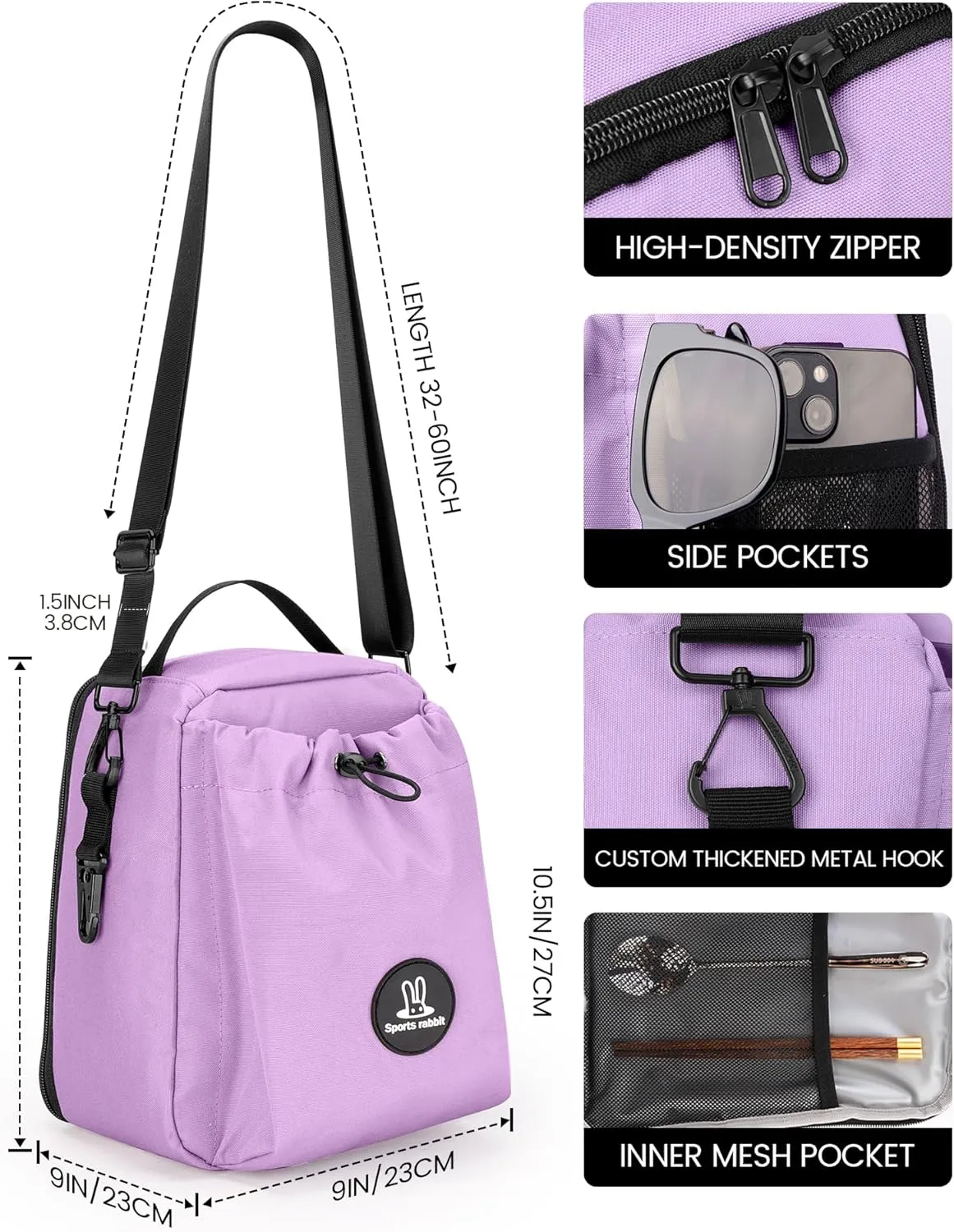 Sports Rabbit Insulated Lunch Bag for Women – Front Pocket Compatible with 40/30OZ Owala Bottles – Leakproof Cooler Tote, Water-Resistant Wax-Coated Oxford – Perfect for Work, Travel, Picnics (Purple)