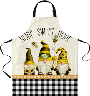 Spring Daisy Gnomes Waterproof Apron With Pockets, Honey Summer Bee Black White Comb Kitchen Chefs Bib Cooking BBQ Grill Bake Adjustable Aprons for Women/Kids Home Garden Grooming Painting Gardening