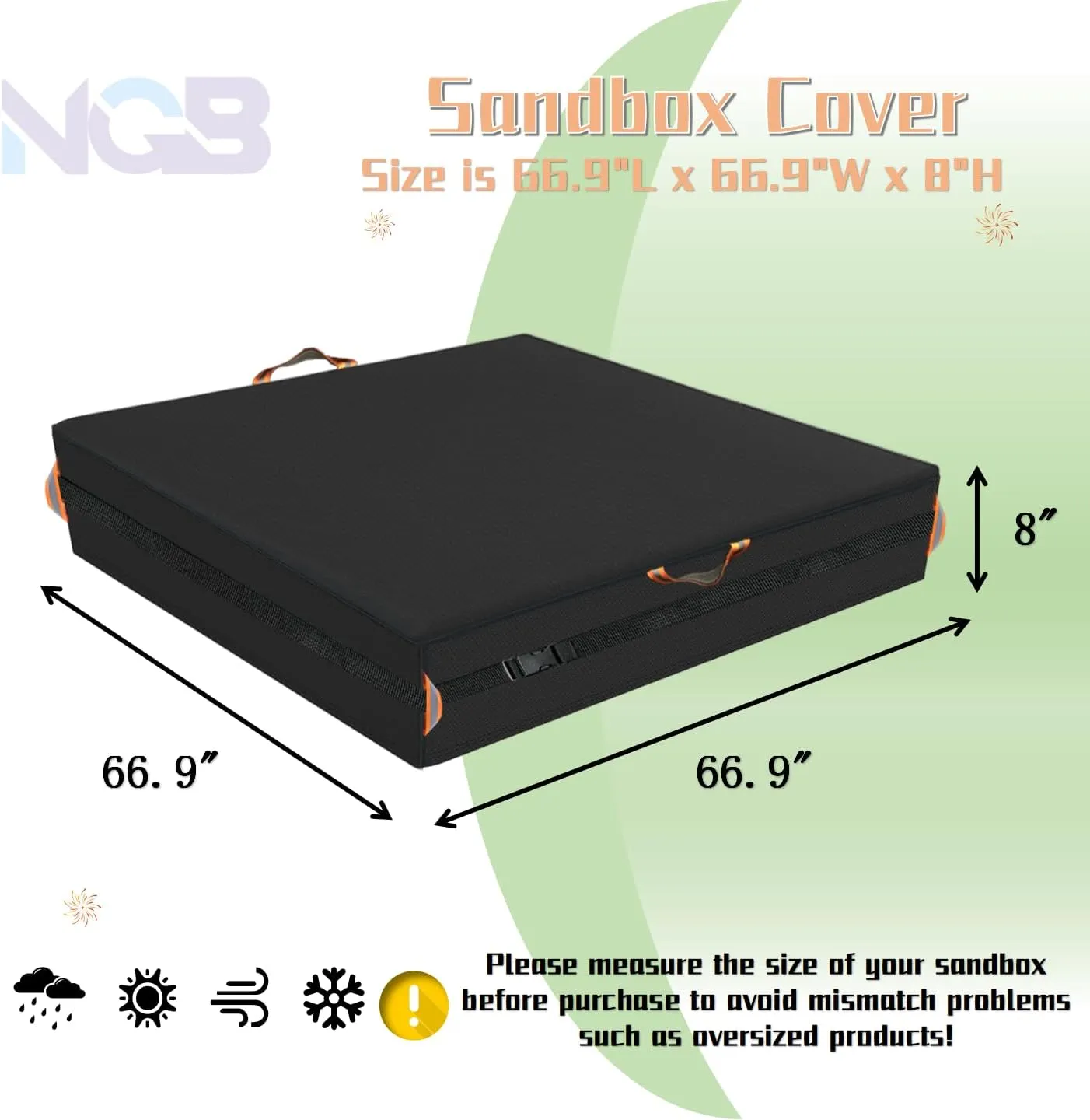 Square Sandbox Cover, Made 600D Heavy Duty for Children's Sandbox Protection Kids Outdoor Sand Boxes Sandpit,with Two Reflective Handles,7.2 Metre Drawstring and snap（66.9" L x 66.9" W x 8" H）