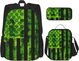 St Patricks Day Irish American Flag Multifunctional Pocket Backpack Crossbody Lunch Bag Pencil Case 3Pcs Set Large Capacity Backpack