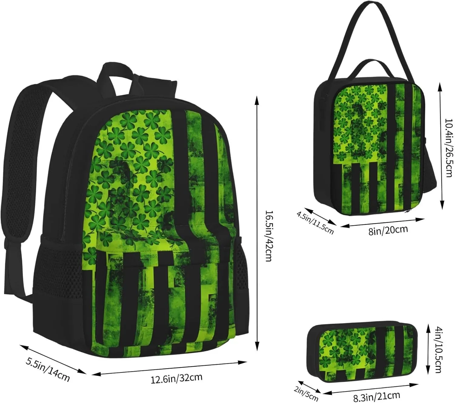 St Patricks Day Irish American Flag Multifunctional Pocket Backpack Crossbody Lunch Bag Pencil Case 3Pcs Set Large Capacity Backpack