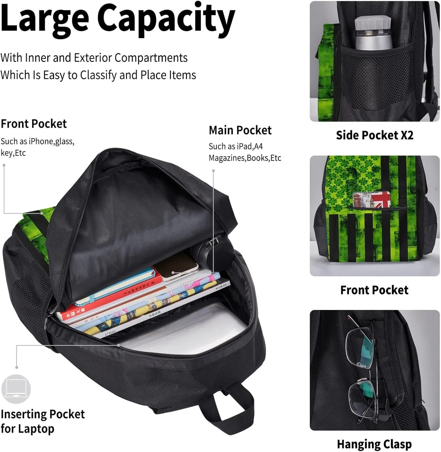 St Patricks Day Irish American Flag Multifunctional Pocket Backpack Crossbody Lunch Bag Pencil Case 3Pcs Set Large Capacity Backpack