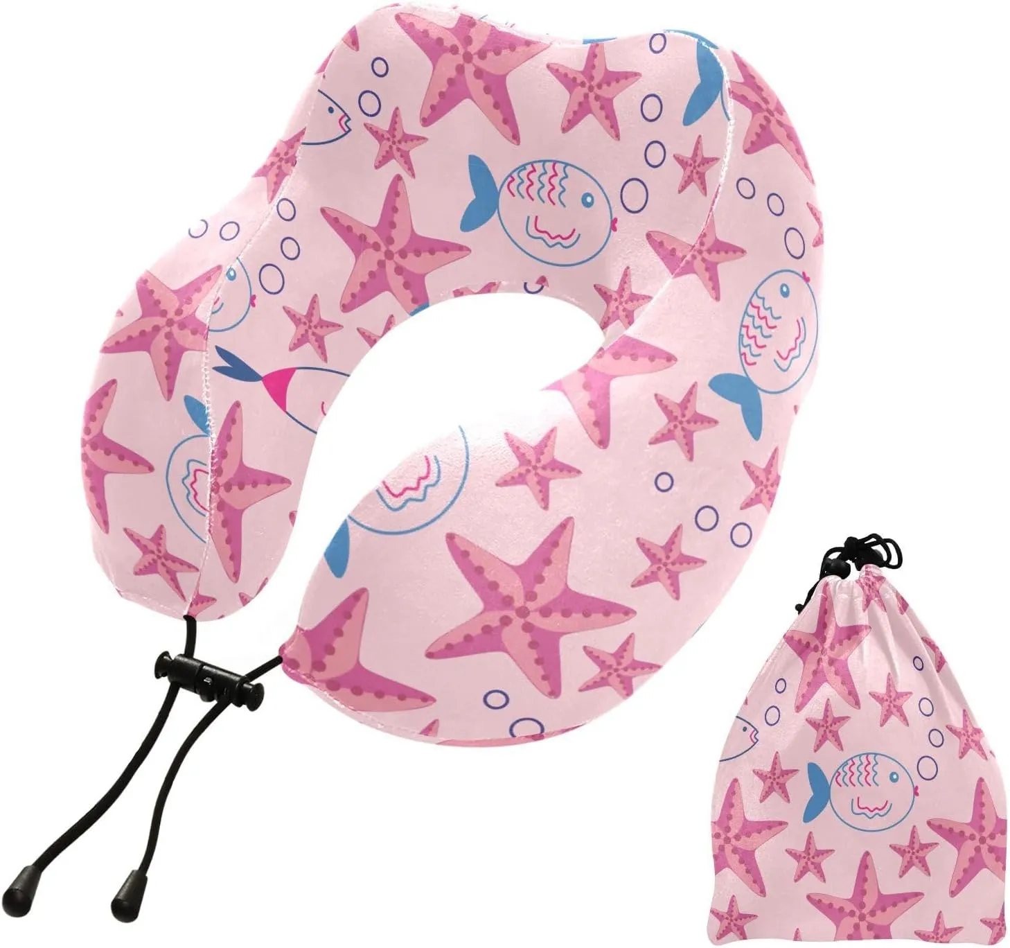 Starfish Fish Spit Bubbles Neck Pillows for Sleeping Travel Memory Foam Travel Pillow/Airplane Pillow with Storage Bag