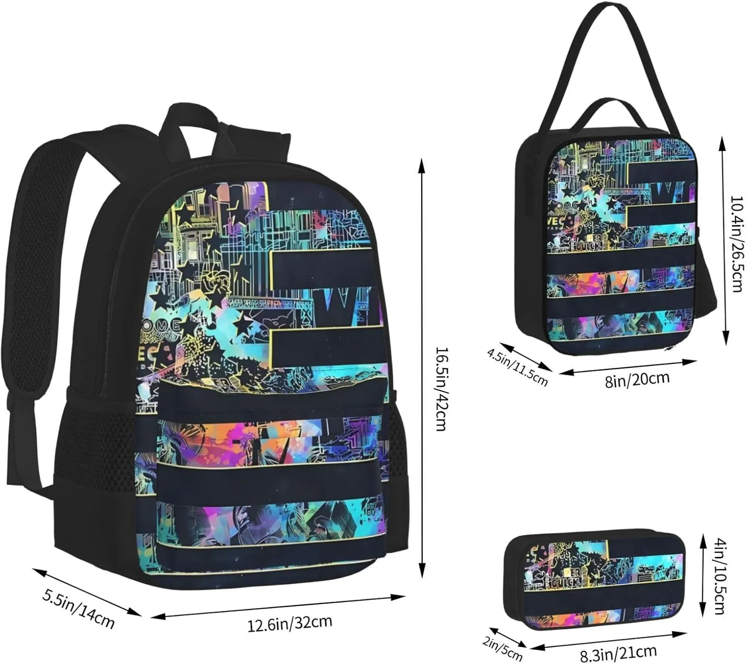 Statue of Liberty American Flag Multifunctional Pocket Backpack Crossbody Lunch Bag Pencil Case 3Pcs Set Large Capacity Backpack
