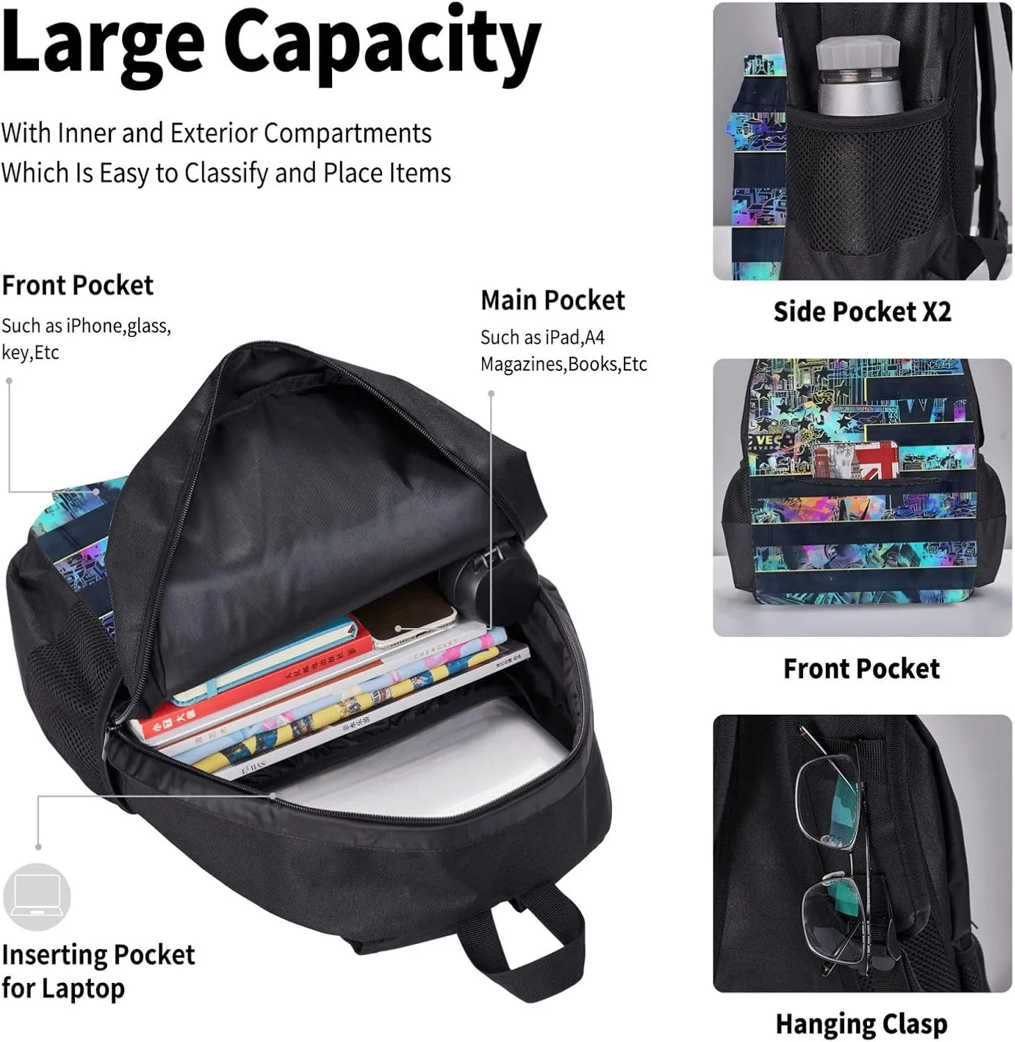 Statue of Liberty American Flag Multifunctional Pocket Backpack Crossbody Lunch Bag Pencil Case 3Pcs Set Large Capacity Backpack