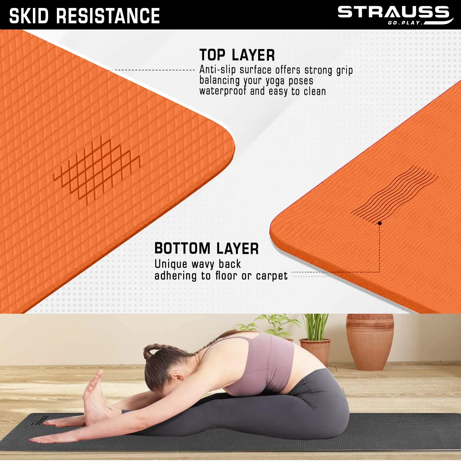 STRAUSS EVA Yoga Mat with Carry Strap | Non-Slip Exercise Mat for Home | Eco-Friendly, Lightweight & Durable Workout Mat | Ideal for Yoga, Pilates, Fitness | Suitable for Men & Women, 8mm (Orange)
