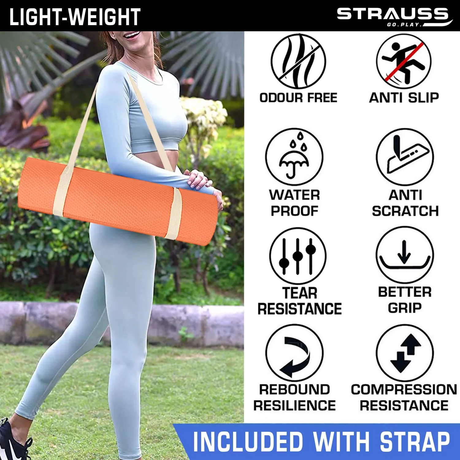 STRAUSS EVA Yoga Mat with Carry Strap | Non-Slip Exercise Mat for Home | Eco-Friendly, Lightweight & Durable Workout Mat | Ideal for Yoga, Pilates, Fitness | Suitable for Men & Women, 8mm (Orange)