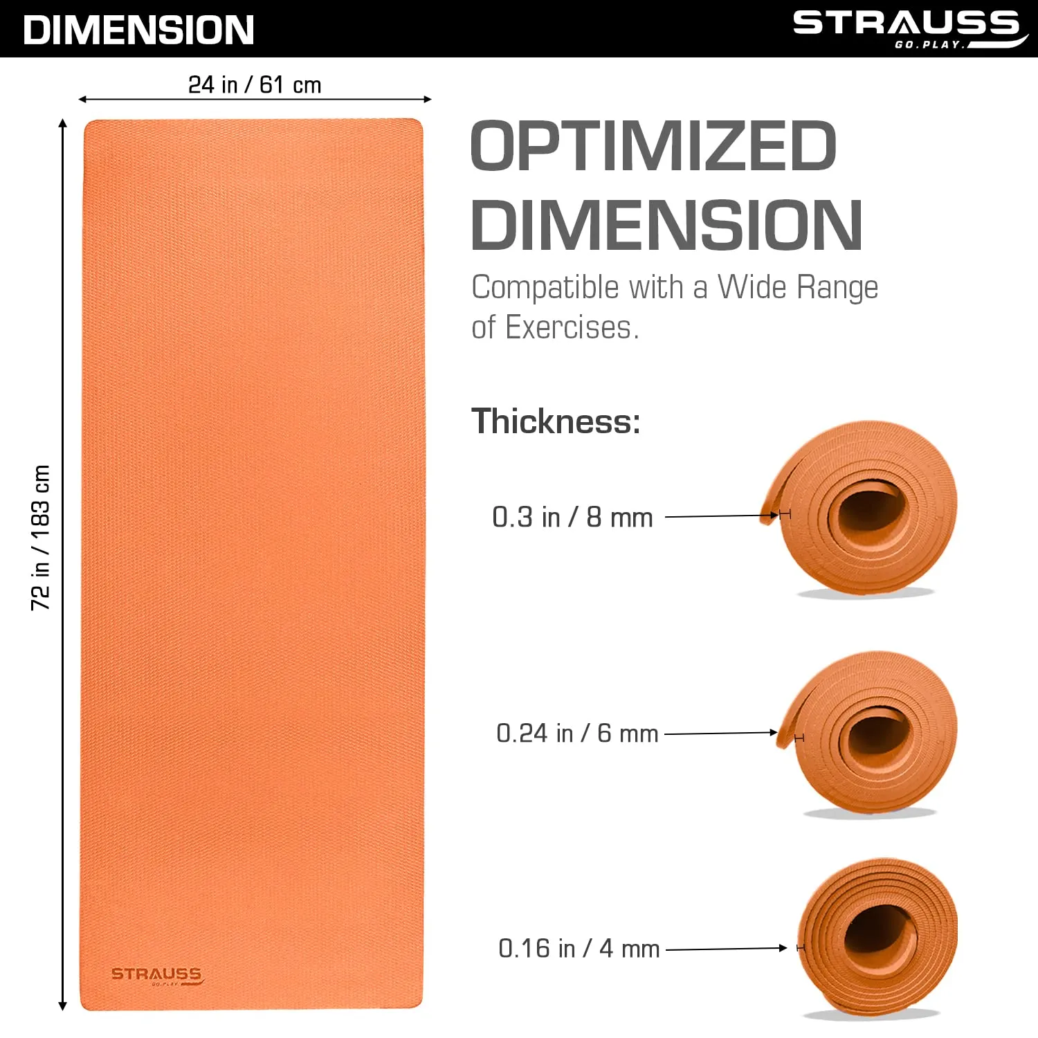 STRAUSS EVA Yoga Mat with Carry Strap | Non-Slip Exercise Mat for Home | Eco-Friendly, Lightweight & Durable Workout Mat | Ideal for Yoga, Pilates, Fitness | Suitable for Men & Women, 8mm (Orange)