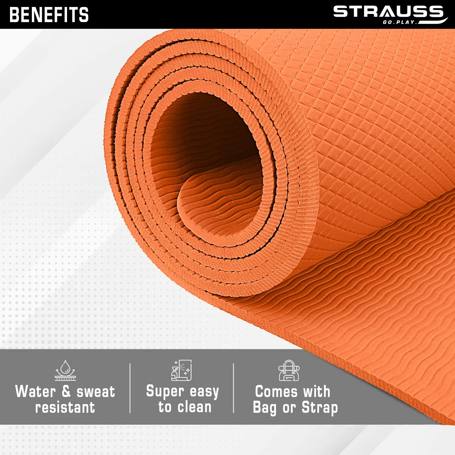 STRAUSS EVA Yoga Mat with Carry Strap | Non-Slip Exercise Mat for Home | Eco-Friendly, Lightweight & Durable Workout Mat | Ideal for Yoga, Pilates, Fitness | Suitable for Men & Women, 8mm (Orange)